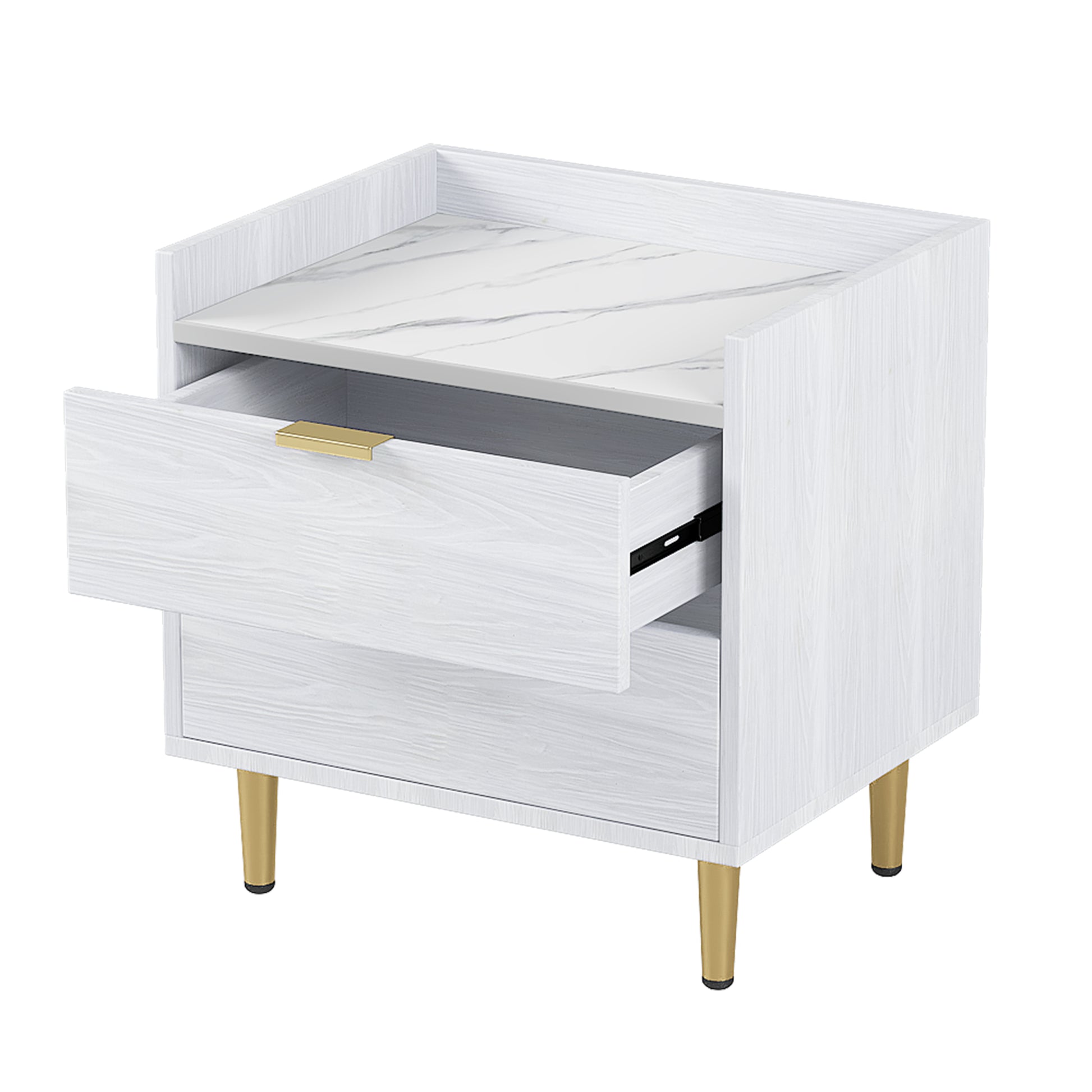 Wooden Nightstand With 2 Drawers And Marbling Worktop, Mordern Wood Bedside Table With Metal Legs&Handles,White White Mdf Metal