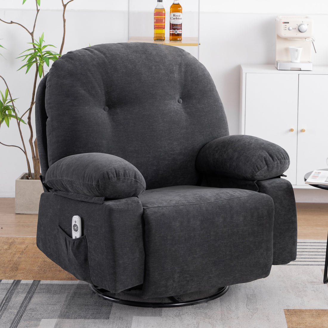 Modern Chenille Recliner Chairs Swivel Massage Rocker Recliner With Heat Dark Gray Chenille Manual Handle Metal Primary Living Space Soft Cushion Back Heavy Duty American Design,Artsy,Casual,Cute Pillow Top Arms Foam Chenille