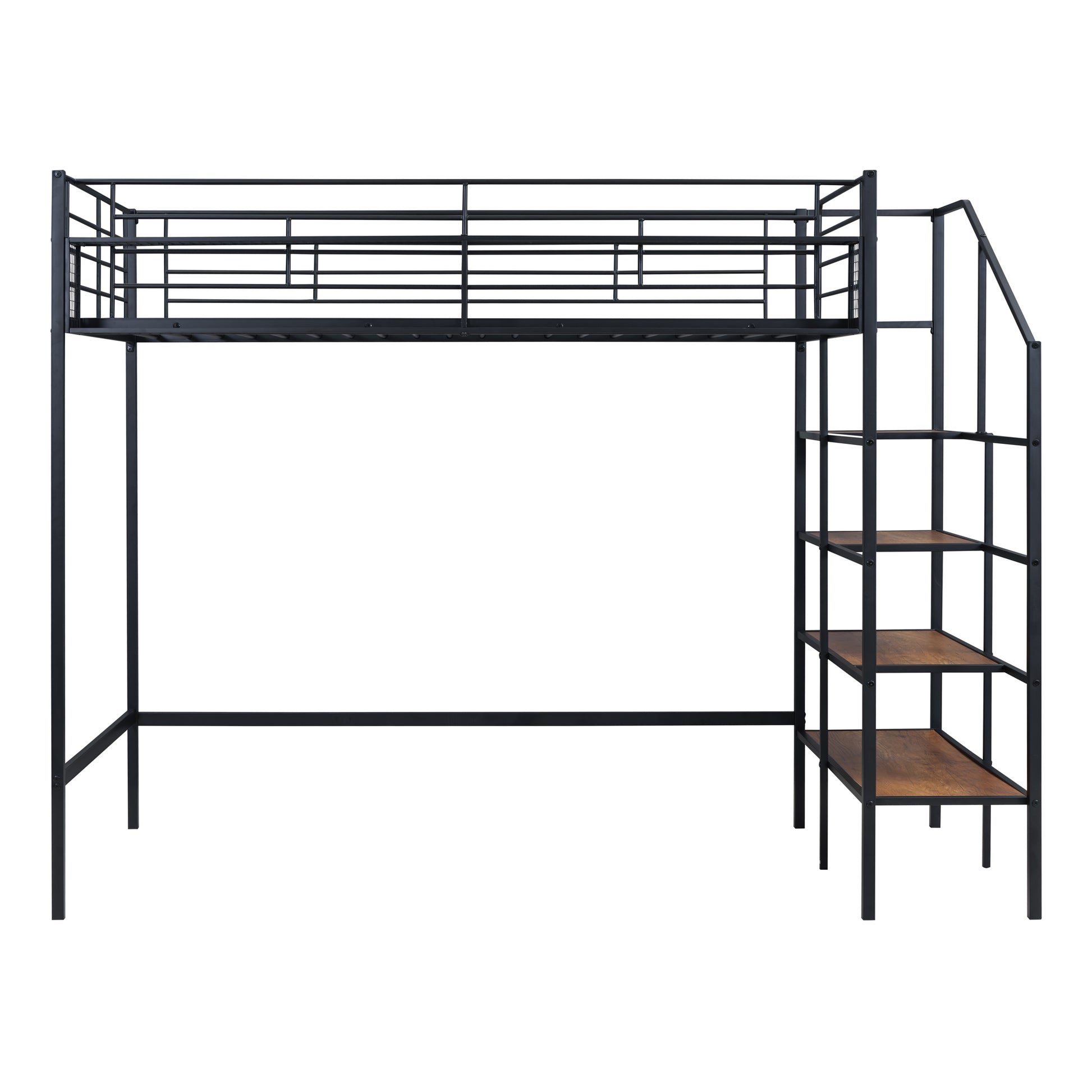 Twin Size Metal Loft Bed With Upper Grid Storage Shelf And Lateral Storage Ladder, Black Black Mdf Metal