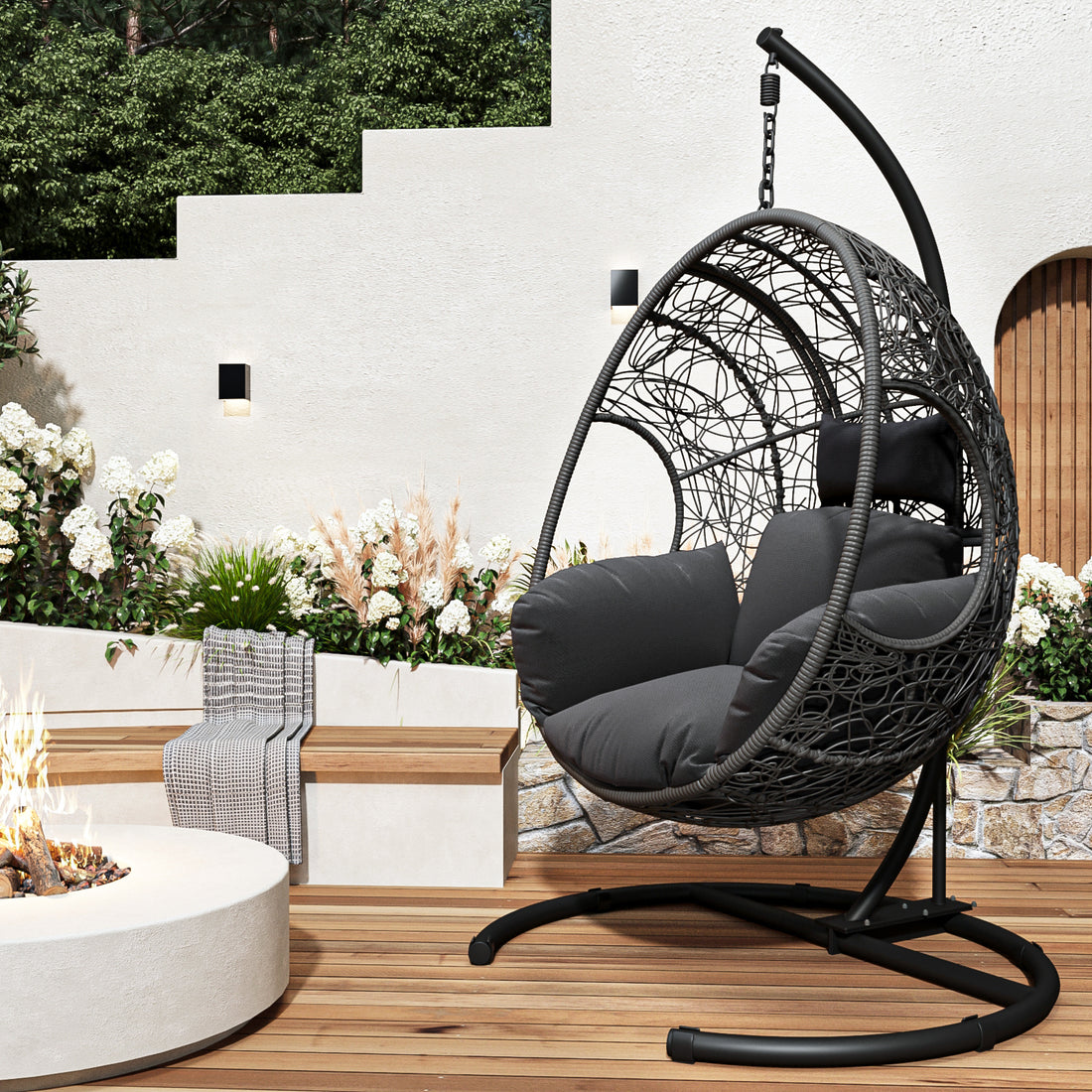 Comming Outdoor Indoor Pe Wicker Swing Egg Chair Gray Color Yes Gray Rust Resistant Frame Fade Resistant Cushion Foam Wicker