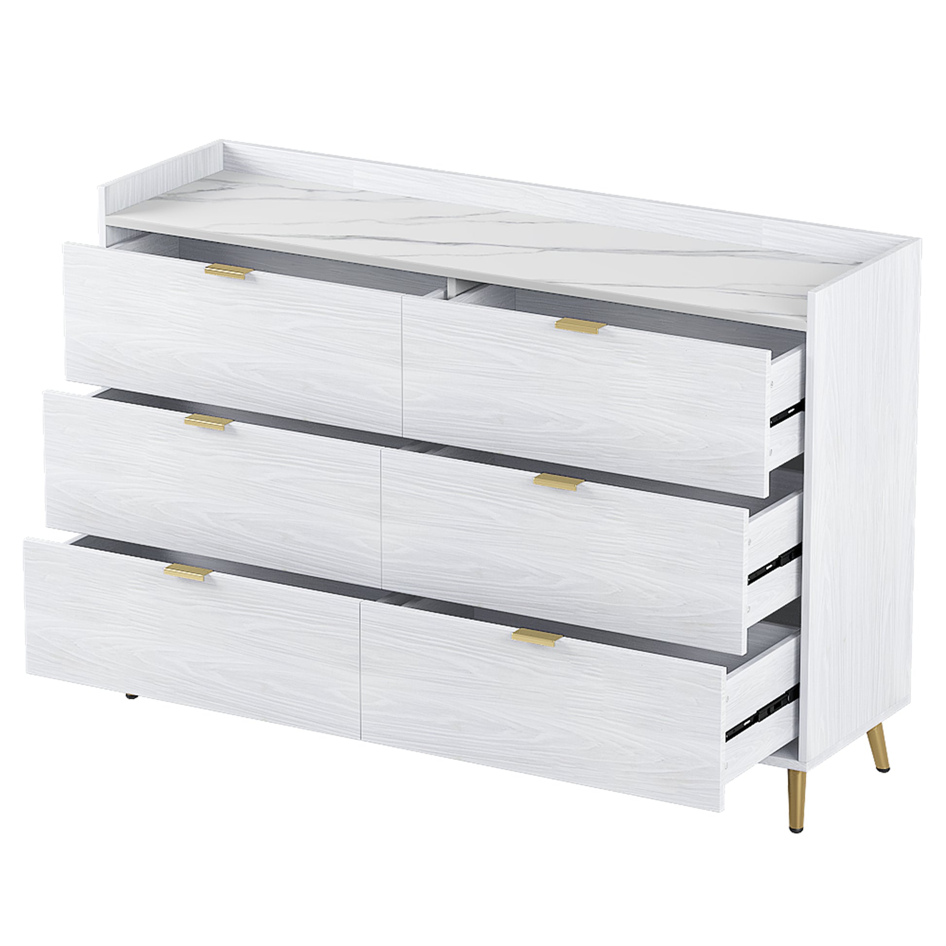 55" Long 6 Drawer Dresser With Marbling Worktop, Mordern Storage Cabinet With Metal Leg And Handle For Bedroom, White White Mdf Metal