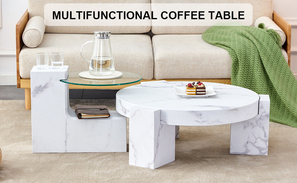 A Modern, Fashionable, And Durable Marble Textured Mdf Coffee Table With A Side Table. Match With Multiple Scenes. Suitable For Living Room And Bedroom. White Mdf Glass