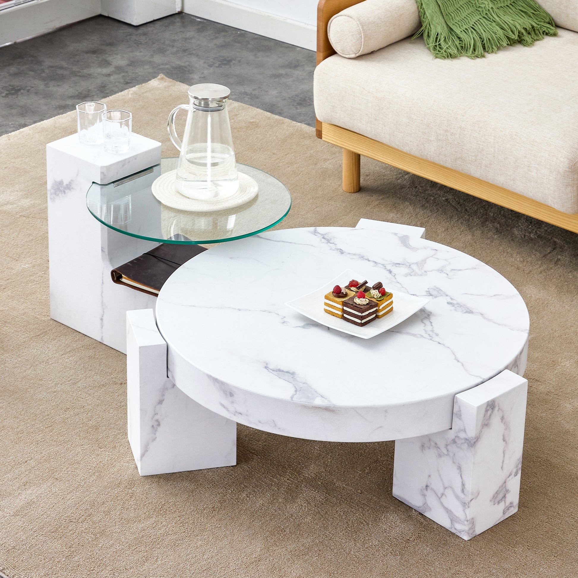 A Modern, Fashionable, And Durable Marble Textured Mdf Coffee Table With A Side Table. Match With Multiple Scenes. Suitable For Living Room And Bedroom. White Mdf Glass