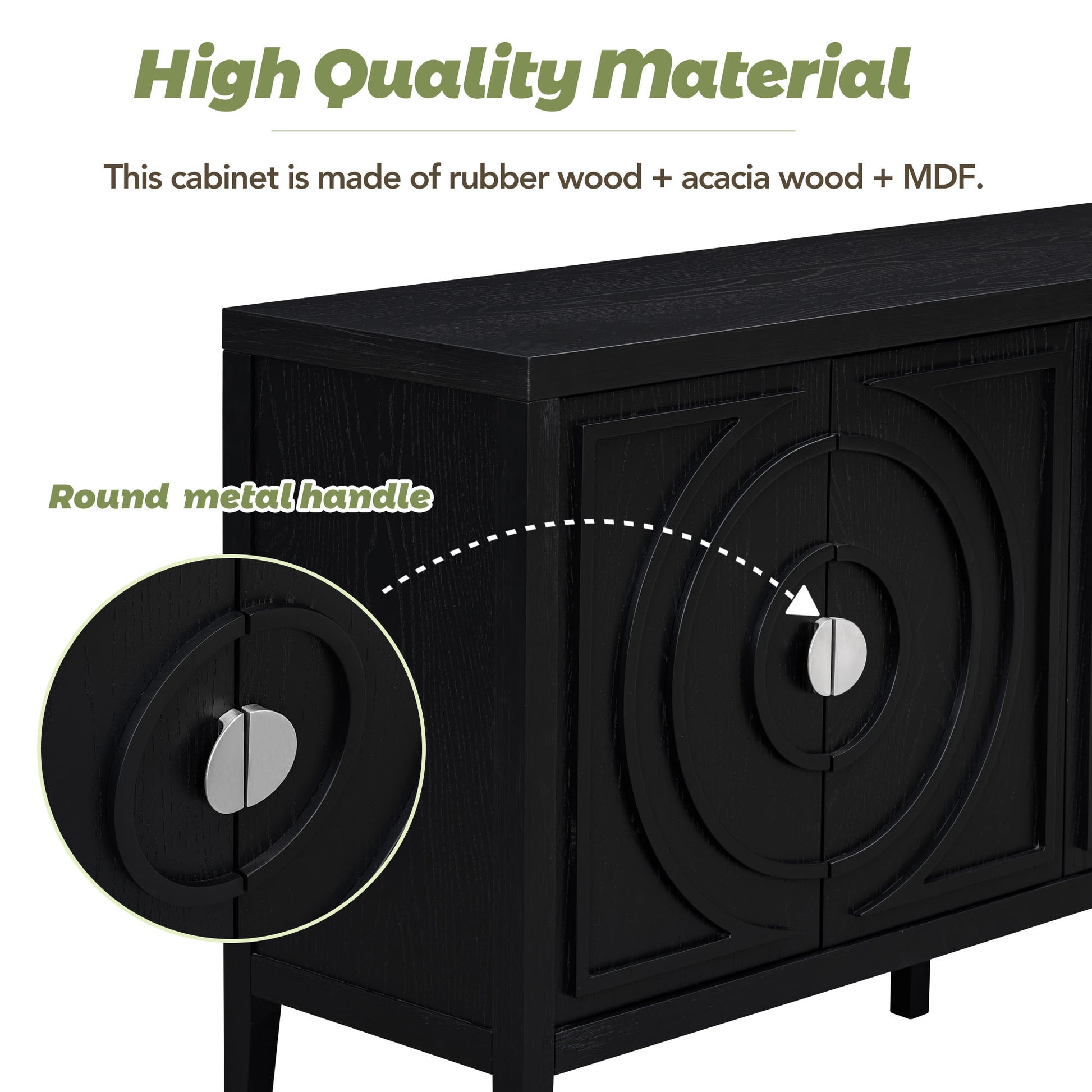 Retro Sideboard Door With Circular Groove Design Round Metal Door Handle For Entrance, Dinning Room, Living Room Black Black Mdf