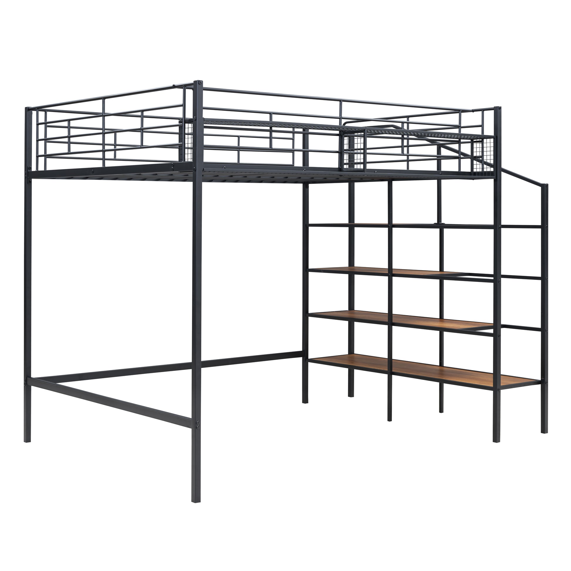 Full Size Metal Loft Bed With Upper Grid Storage Shelf And Lateral Storage Ladder, Black Black Mdf Metal