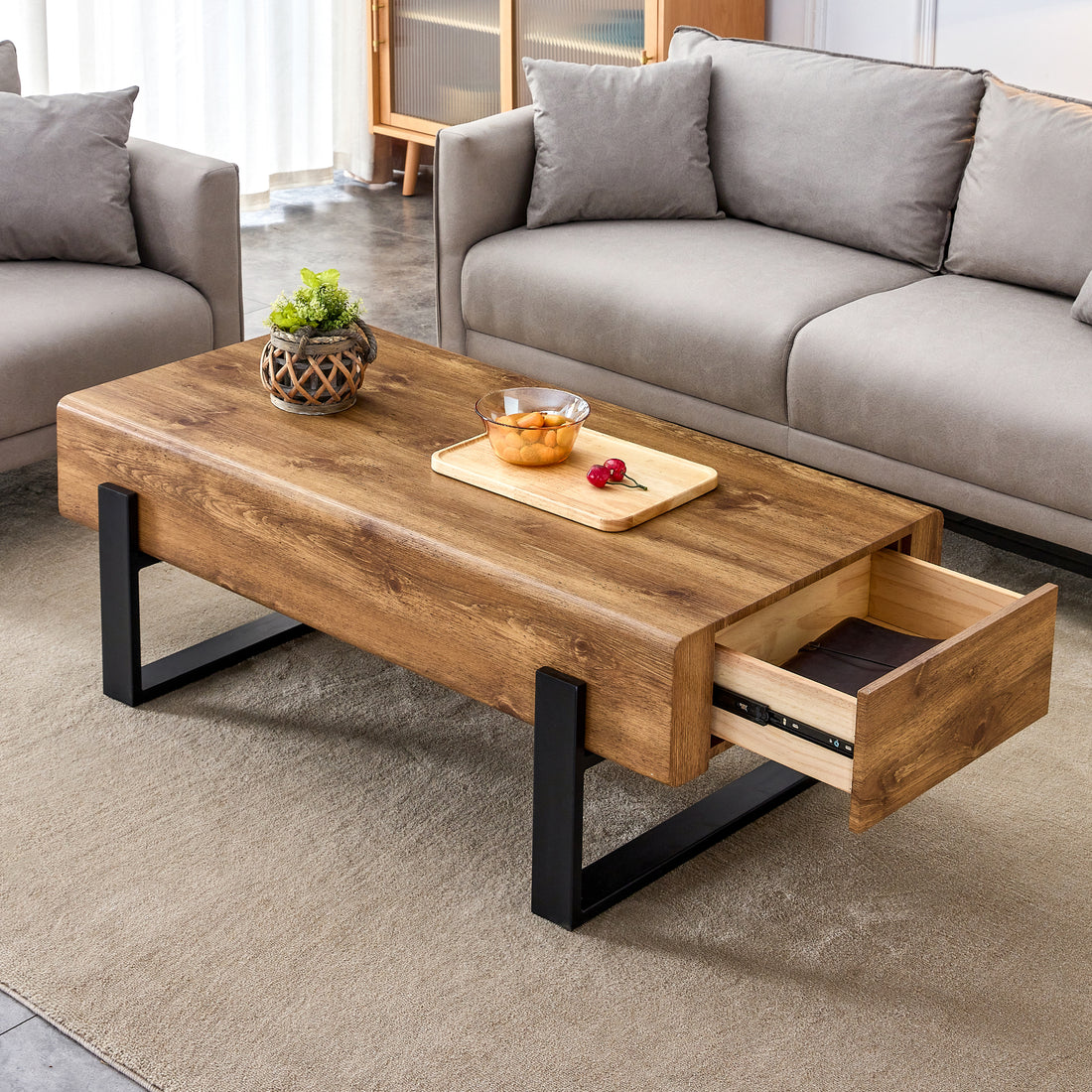 A Coffee Table Made Of American Vintage Mdf Material. Equipped With Drawers Made Of Solid Wood Material. Can Store Items And Save Space. Paired With Black Metal Table Legs. Suitable For Living Room. Natural Wood Mdf