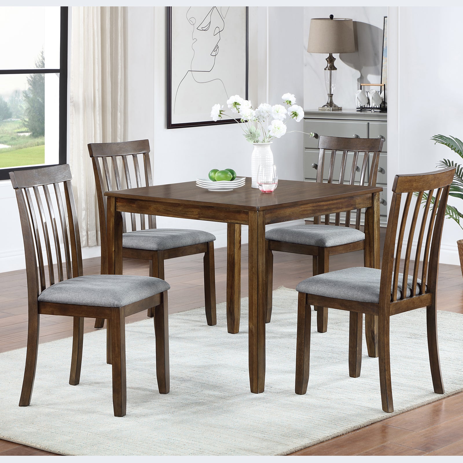 5 Piece Modern Dining Set, Square Wooden Dining Table With 4 Upholstered Chairs For Kitchen, Dining Room, Walnut Wood Walnut Seats 4 Wood Dining Room Acacia 4 Leg Square Dining Table With Chair Acacia Wood