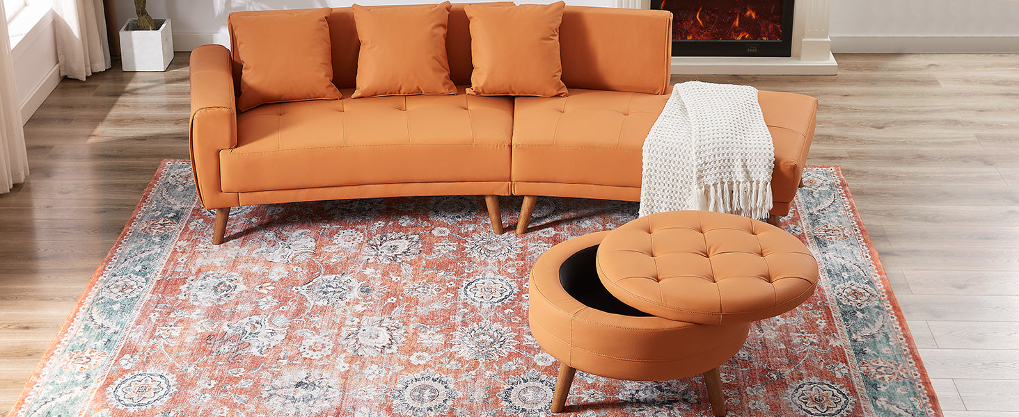 107" Contemporary Sofa Stylish Sofa Couch With A Round Storage Ottoman And Three Removable Pillows For Living Room, Orange Orange Pu