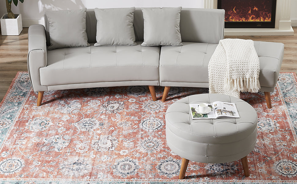 107" Contemporary Sofa Stylish Sofa Couch With A Round Storage Ottoman And Three Removable Pillows For Living Room, Grey Grey Pu 2 Seat