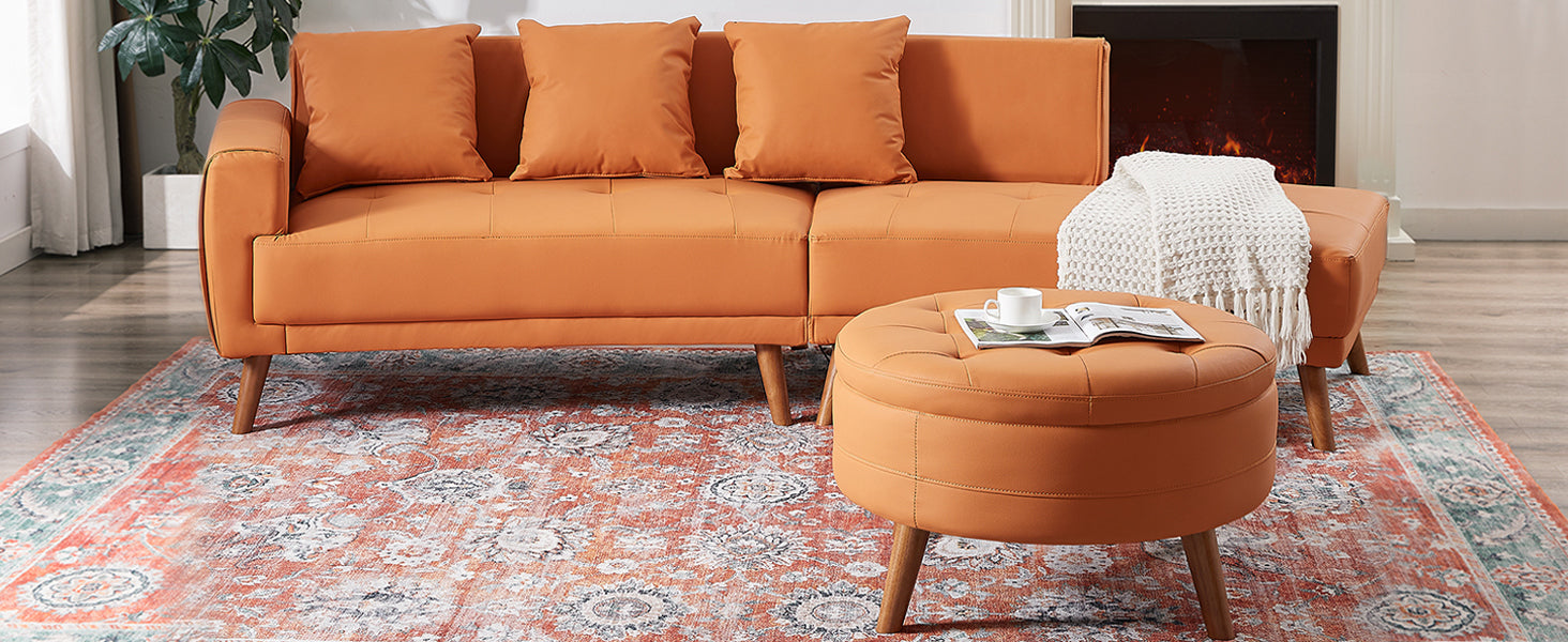 107" Contemporary Sofa Stylish Sofa Couch With A Round Storage Ottoman And Three Removable Pillows For Living Room, Orange Orange Pu