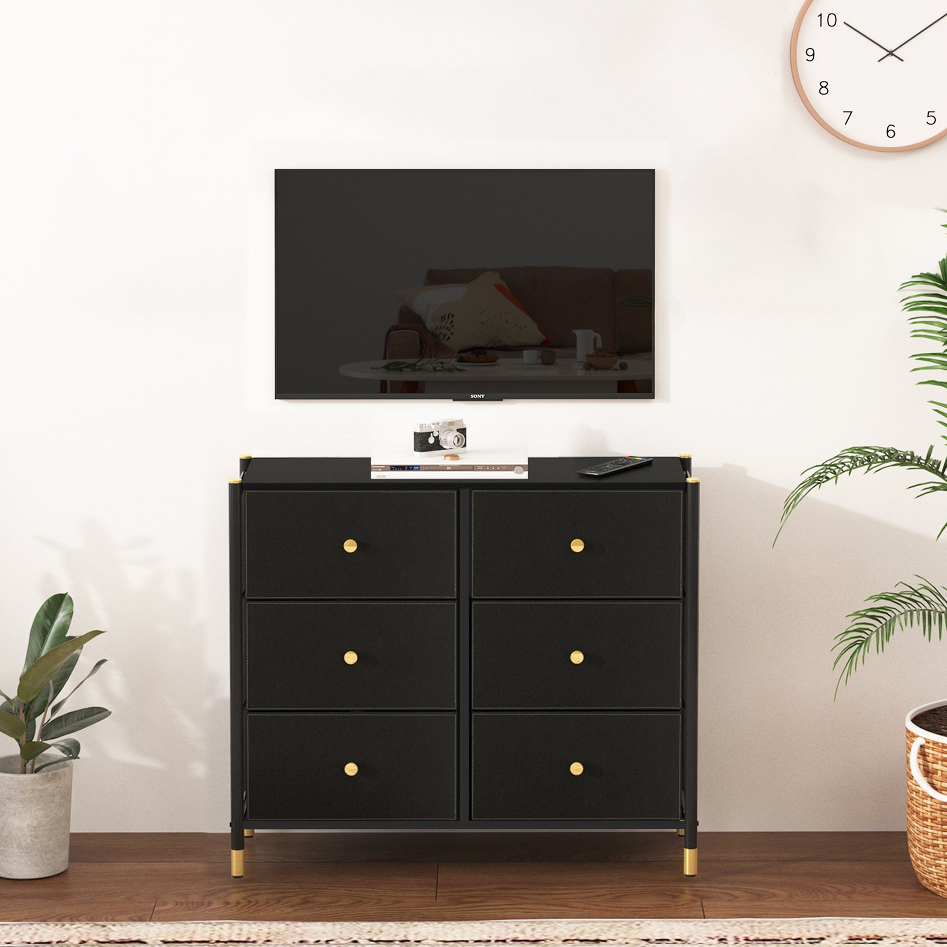 Drawer Dresser,Tall Dresser With 6 Pu Leather Front Drawers, Storage Tower With Fabric Bins, Double Dresser, Chest Of Drawers For Closet, Living Room, Hallway, Children'S Room, Color:Black 5 Or More Drawers Black Primary Living Space Drawers Included