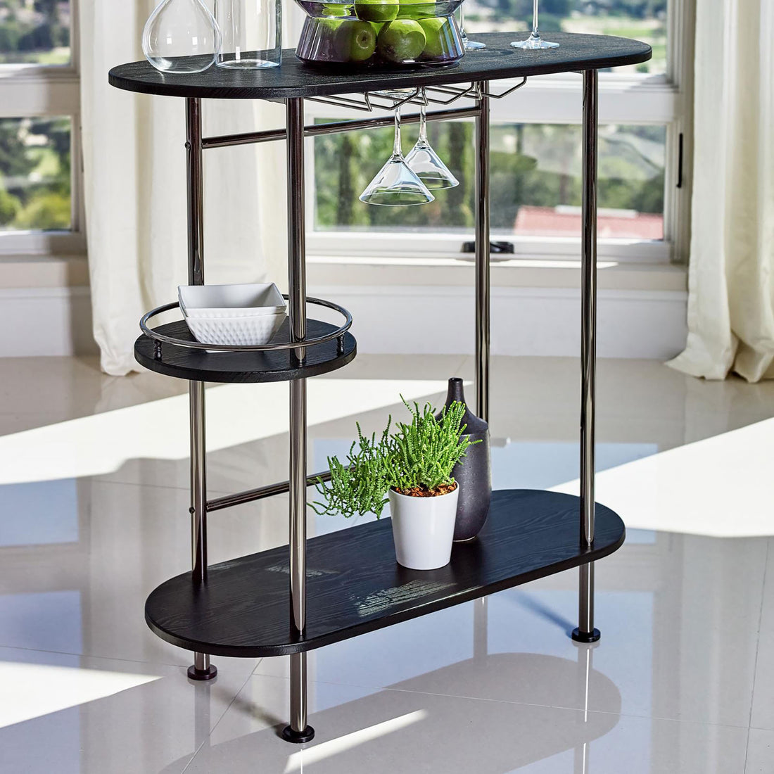 Black Nickel And Black Oak Bar Unit With Stemware Rack Black Dining Room Contemporary,Modern Metal