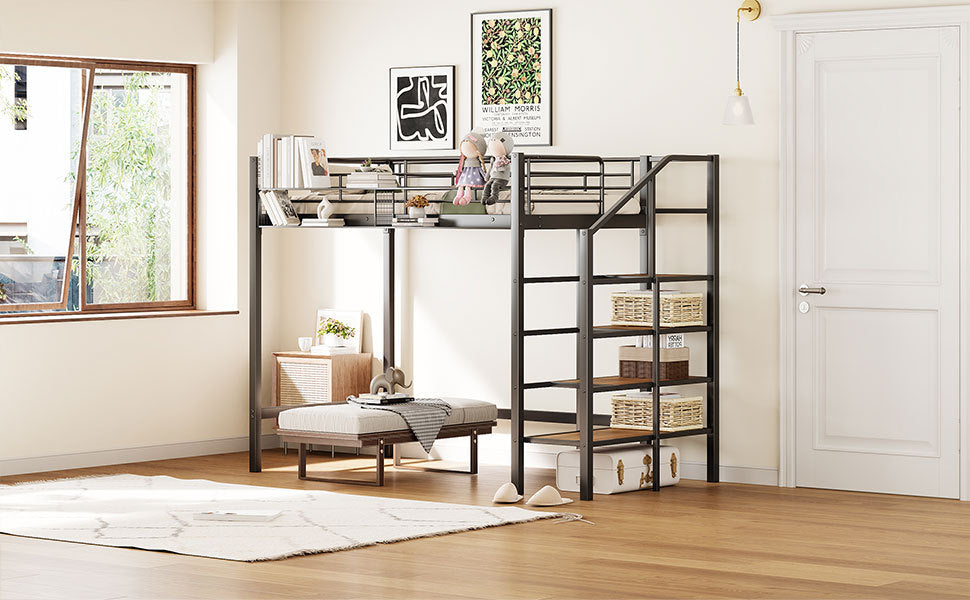Twin Size Metal Loft Bed With Upper Grid Storage Shelf And Lateral Storage Ladder, Black Black Mdf Metal