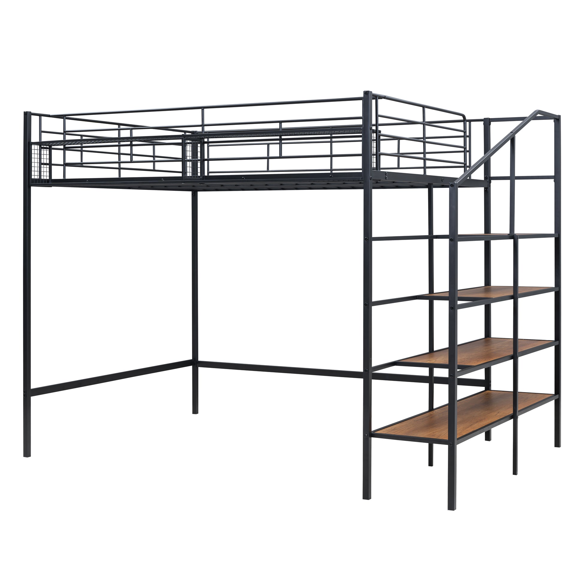 Full Size Metal Loft Bed With Upper Grid Storage Shelf And Lateral Storage Ladder, Black Black Mdf Metal