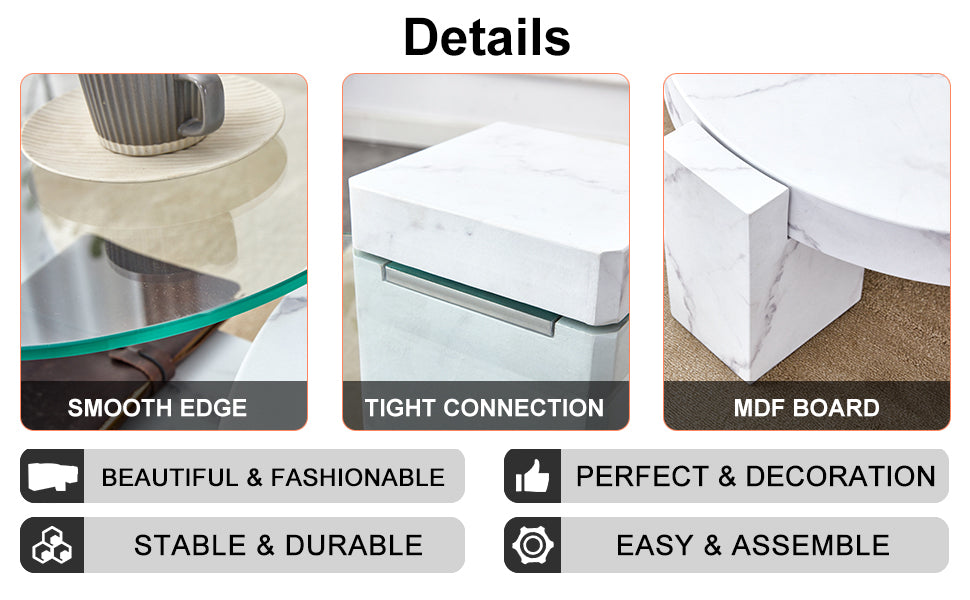 A Modern, Fashionable, And Durable Marble Textured Mdf Coffee Table With A Side Table. Match With Multiple Scenes. Suitable For Living Room And Bedroom. White Mdf Glass