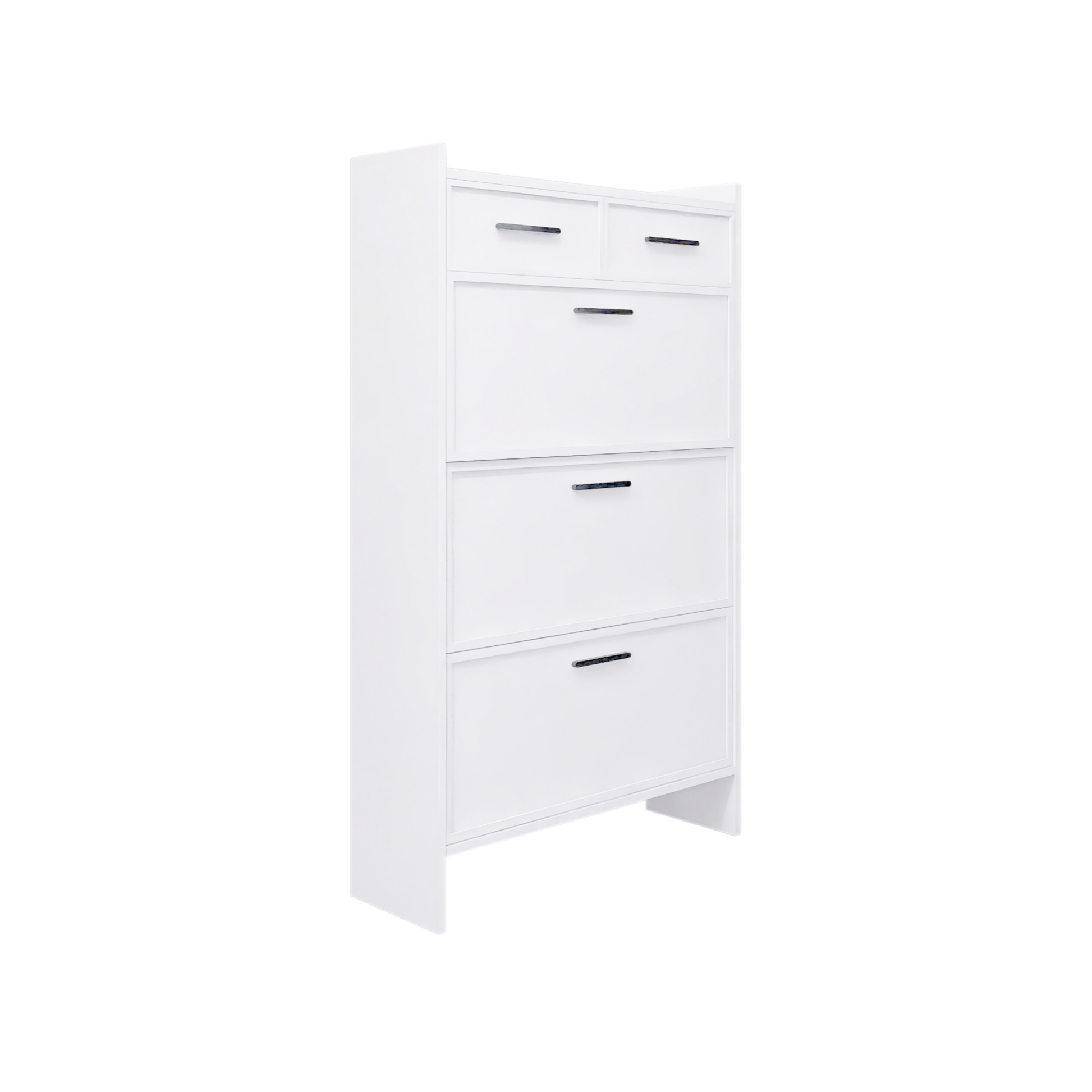 Pvc Surface Shaker Shape Door Shoe Rack 3 Doors Shoe Cabinet With 2 Drawers With Open Space For Shoes Standard 1 2 Drawers Matte White Primary Living Space Drawers Included Modern Mdf