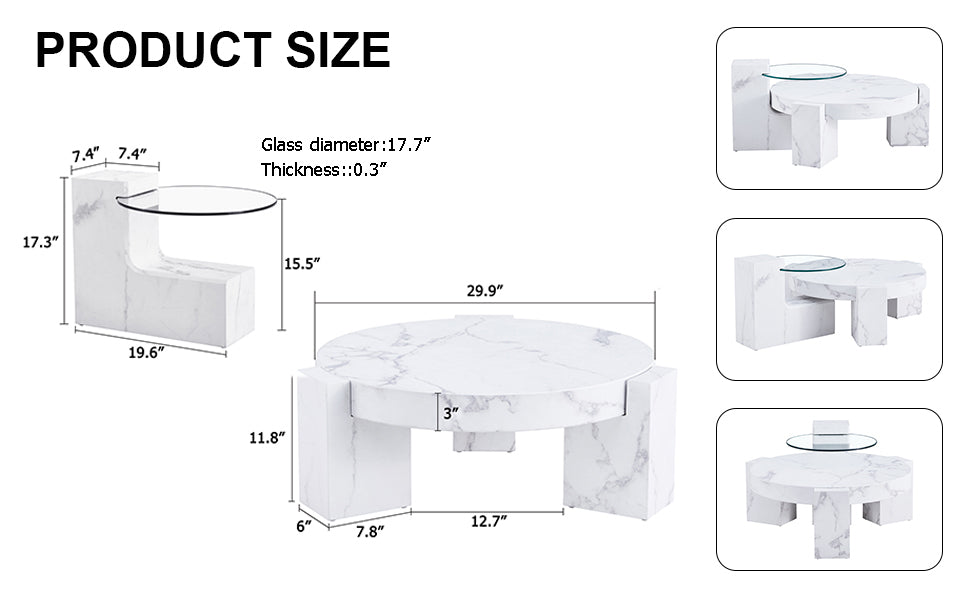 A Modern, Fashionable, And Durable Marble Textured Mdf Coffee Table With A Side Table. Match With Multiple Scenes. Suitable For Living Room And Bedroom. White Mdf Glass