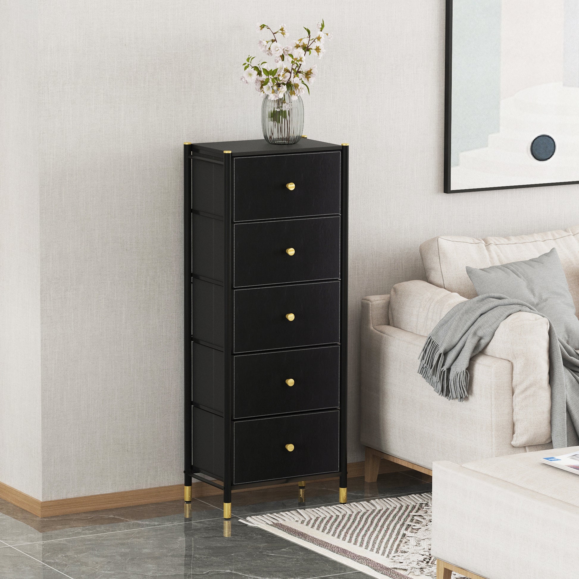 Drawer Dresser Cabinet, Tall Dresser With 5 Pu Leather Front Drawers, Storage Tower With Fabric Bins, Double Dresser, Chest Of Drawers For Closet, Living Room, Hallway, Children'S Room, Color:Black 5 Or More Drawers Black Primary Living Space Drawers