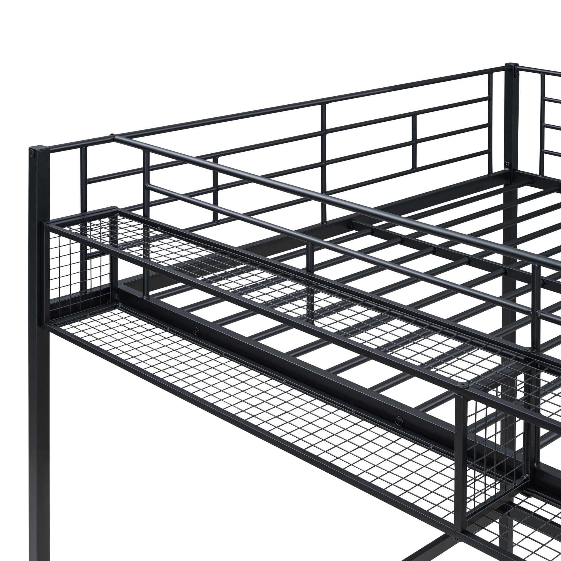 Full Size Metal Loft Bed With Upper Grid Storage Shelf And Lateral Storage Ladder, Black Black Mdf Metal