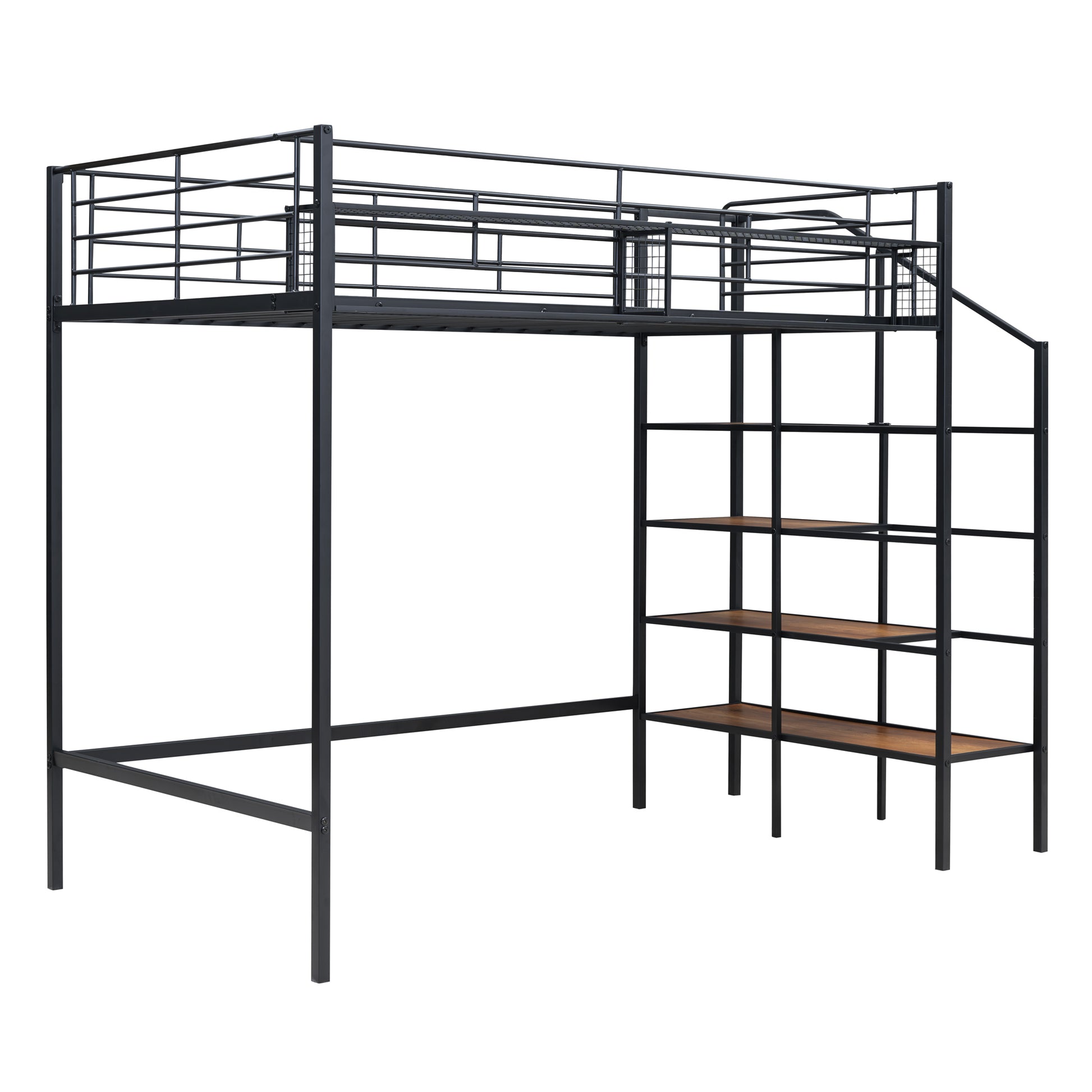 Twin Size Metal Loft Bed With Upper Grid Storage Shelf And Lateral Storage Ladder, Black Black Mdf Metal