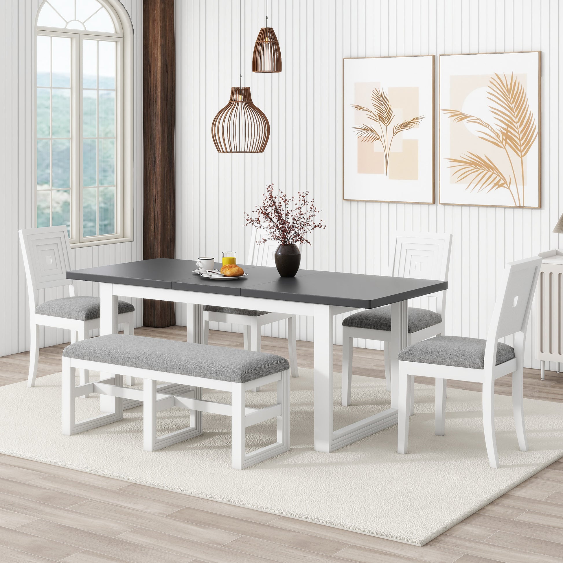 Modern 78Inch 6 Piece Extendable Dining Table Set, 4 Upholstered Dining Chairs And Dining Bench, 18" Butterfly Leaf, White Wood Dining Room Extendable Rubberwood Rectangular Dining Table With Chair And Bench Upholstered Chair Wood White Gray Solid Back