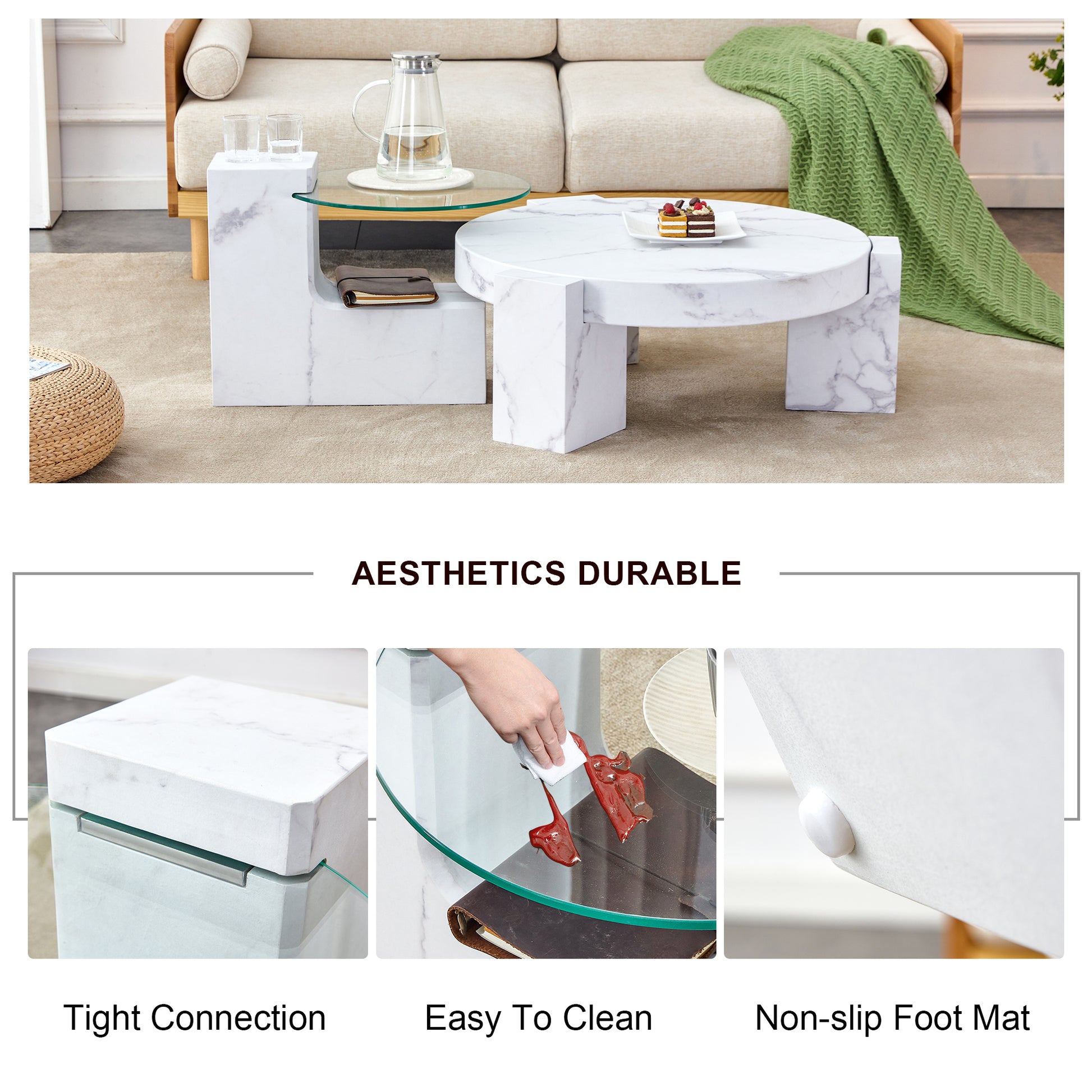 A Modern, Fashionable, And Durable Marble Textured Mdf Coffee Table With A Side Table. Match With Multiple Scenes. Suitable For Living Room And Bedroom. White Mdf Glass