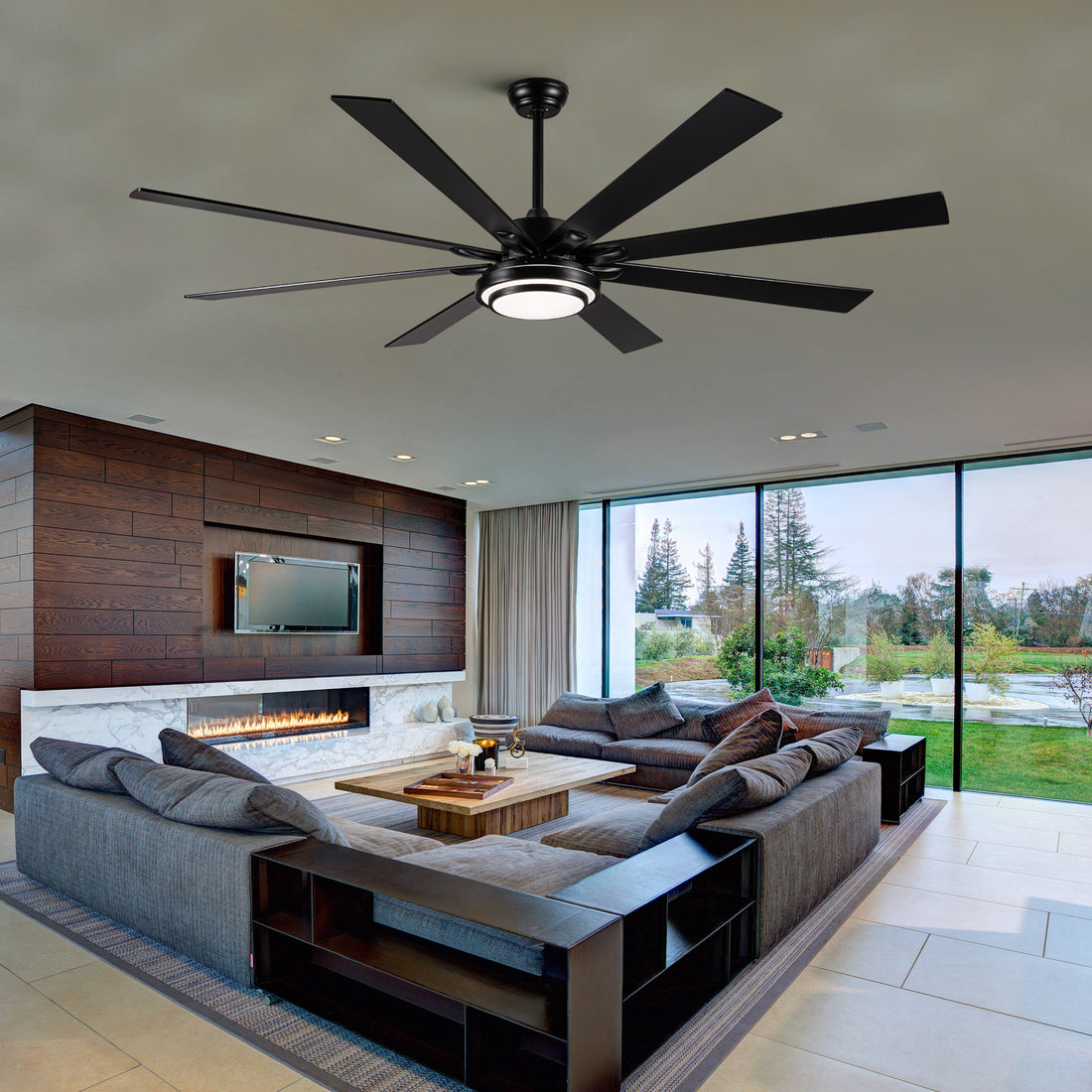 72" Integrated Led Matte Black Large Smart Ceiling Fan With Remote Control Black Plywood Metal