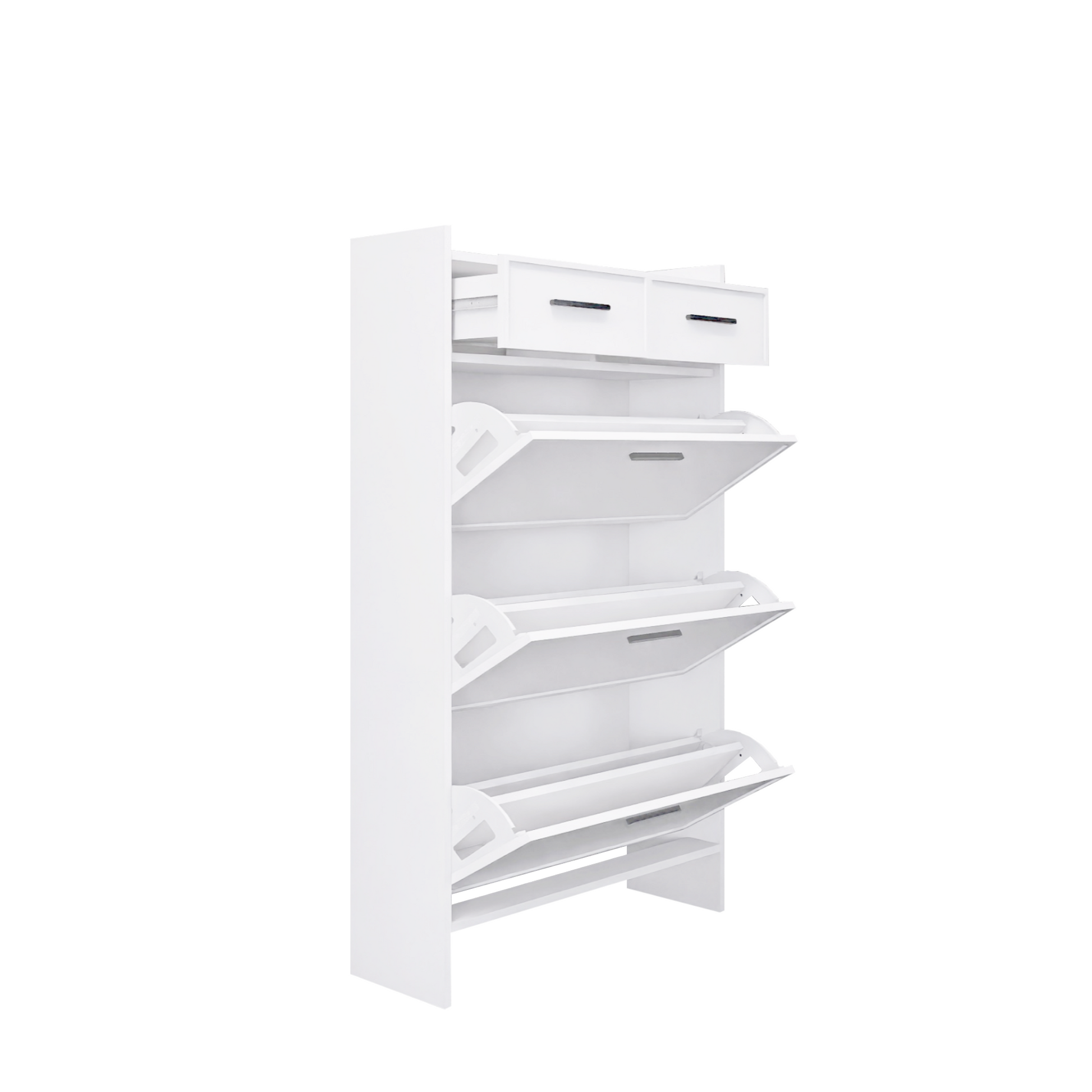 Pvc Surface Shaker Shape Door Shoe Rack 3 Doors Shoe Cabinet With 2 Drawers With Open Space For Shoes Standard 1 2 Drawers Matte White Primary Living Space Drawers Included Modern Mdf