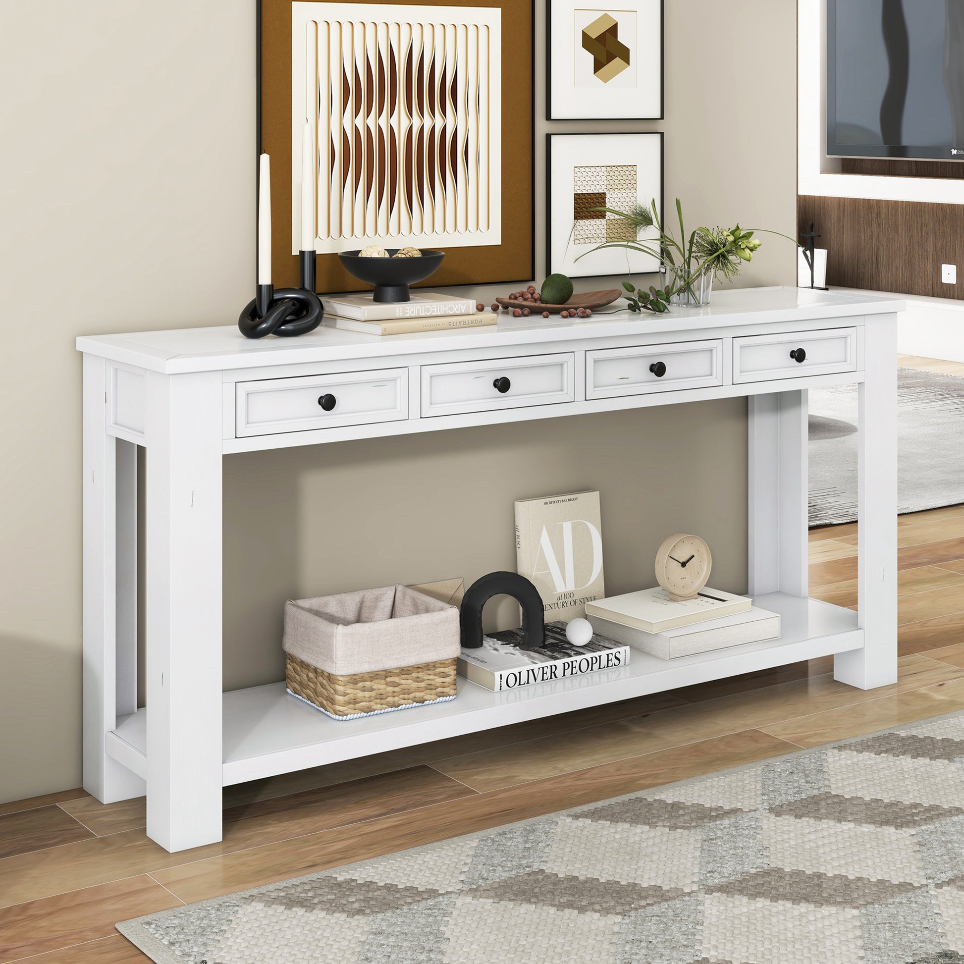 Console Table Sofa Table With Storage Drawers And Bottom Shelf For Entryway Hallway Antique White Antique White Solid Wood