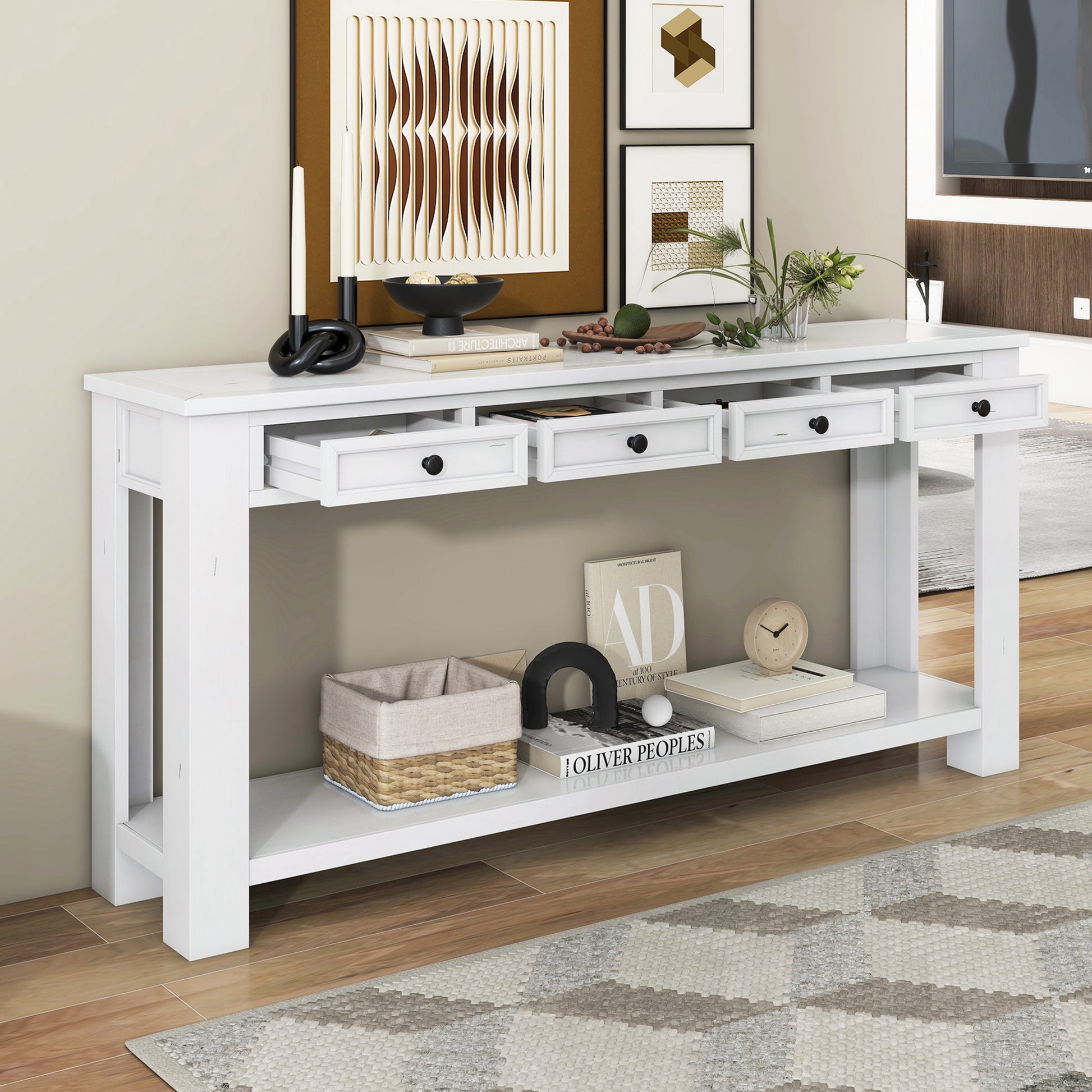 Console Table Sofa Table With Storage Drawers And Bottom Shelf For Entryway Hallway Antique White Antique White Solid Wood