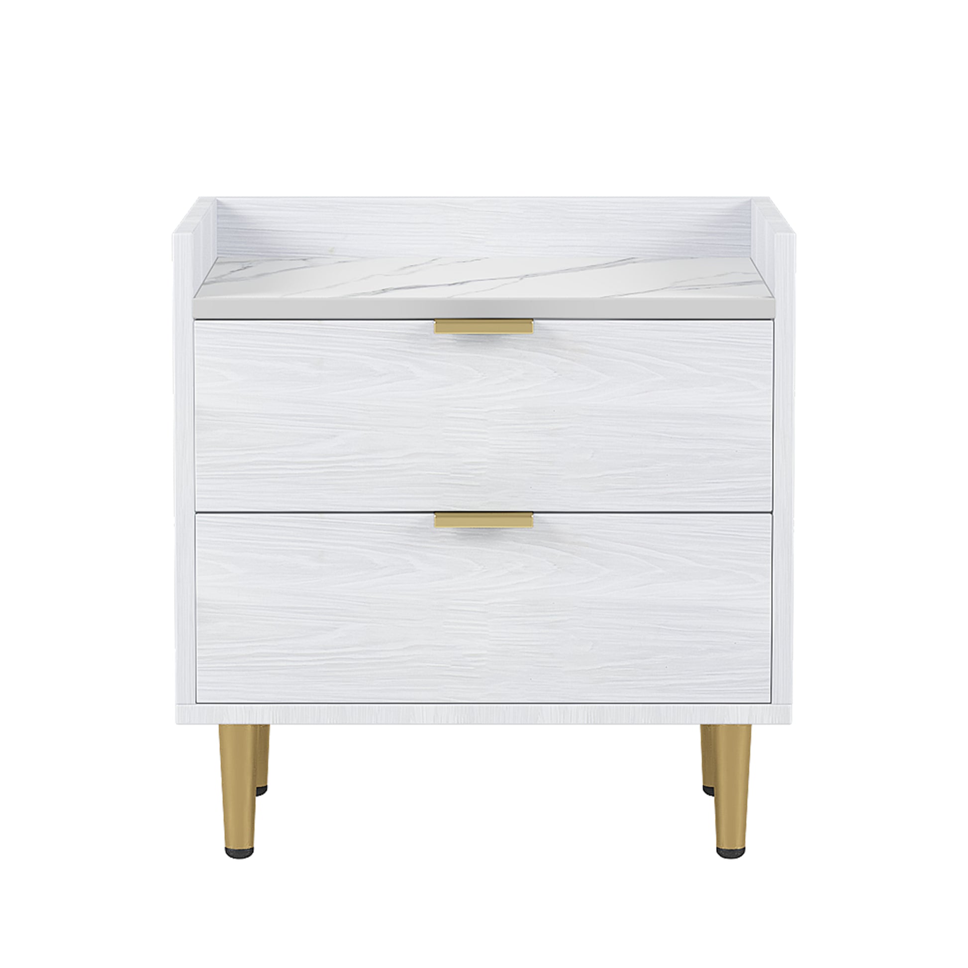 Wooden Nightstand With 2 Drawers And Marbling Worktop, Mordern Wood Bedside Table With Metal Legs&Handles,White White Mdf Metal