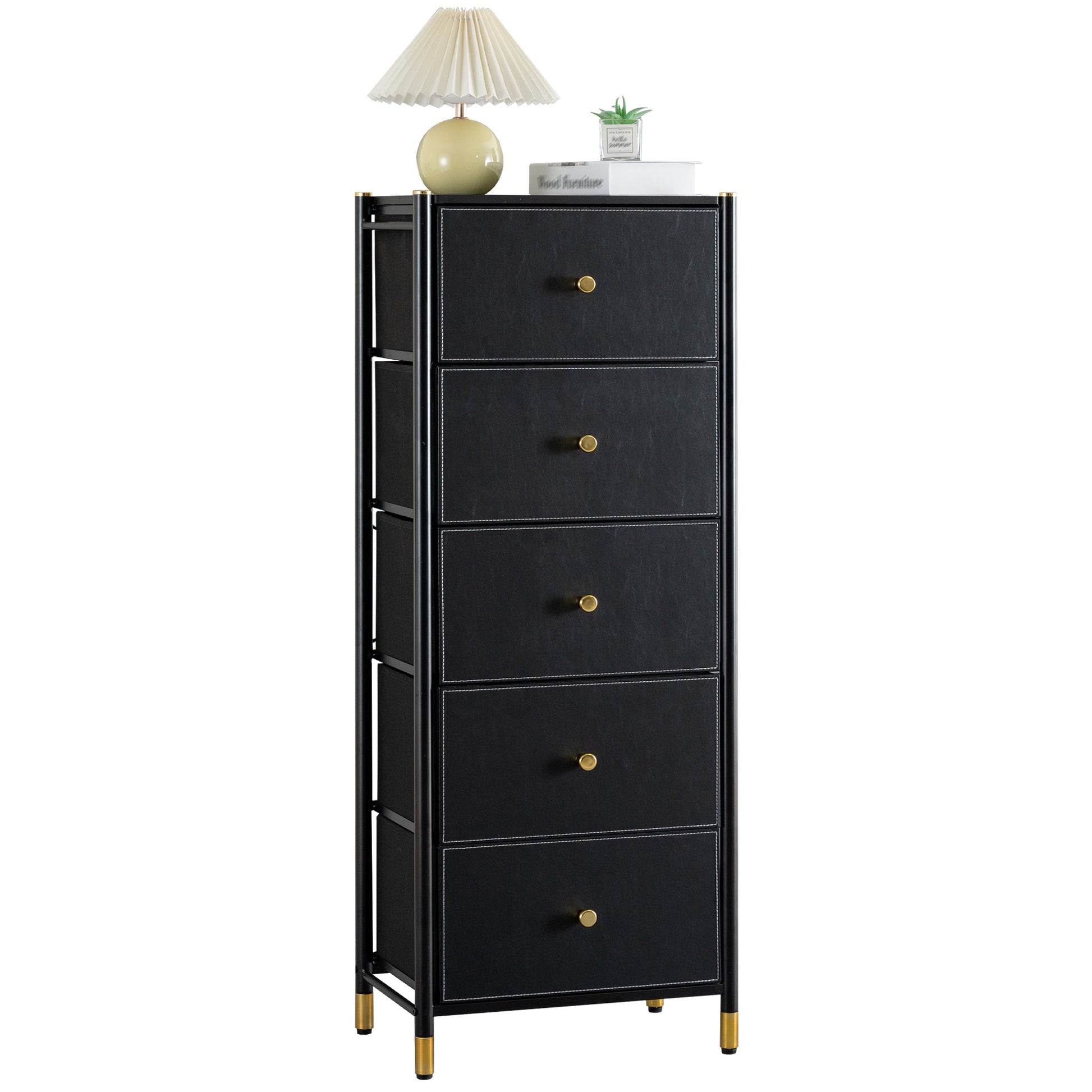 Drawer Dresser Cabinet, Tall Dresser With 5 Pu Leather Front Drawers, Storage Tower With Fabric Bins, Double Dresser, Chest Of Drawers For Closet, Living Room, Hallway, Children'S Room, Color:Black 5 Or More Drawers Black Primary Living Space Drawers