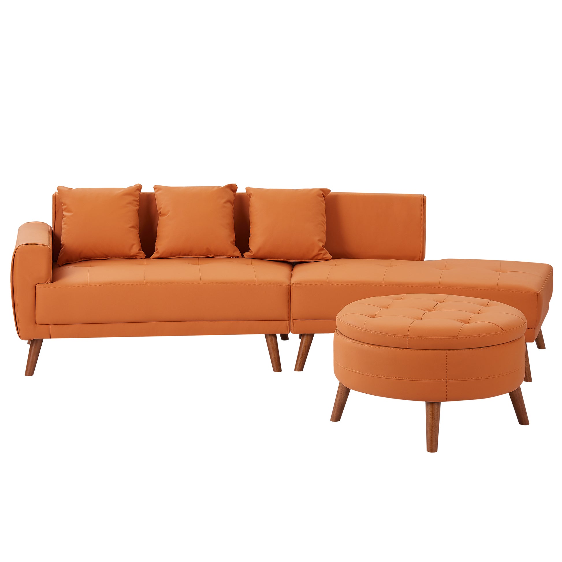 107" Contemporary Sofa Stylish Sofa Couch With A Round Storage Ottoman And Three Removable Pillows For Living Room, Orange Orange Pu