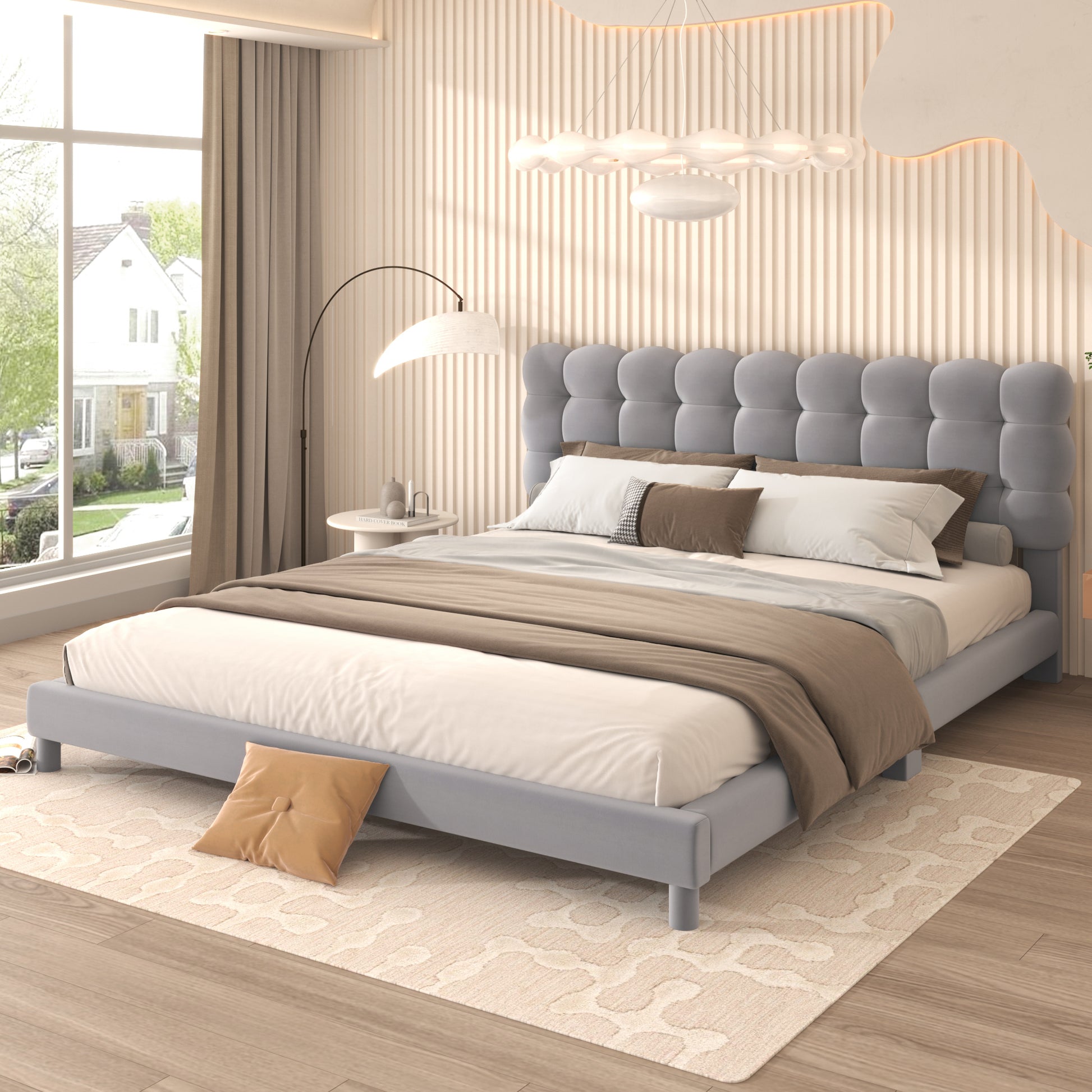 Queen Size Upholstered Platform Bed With Soft Headboard,Gray Gray Upholstered