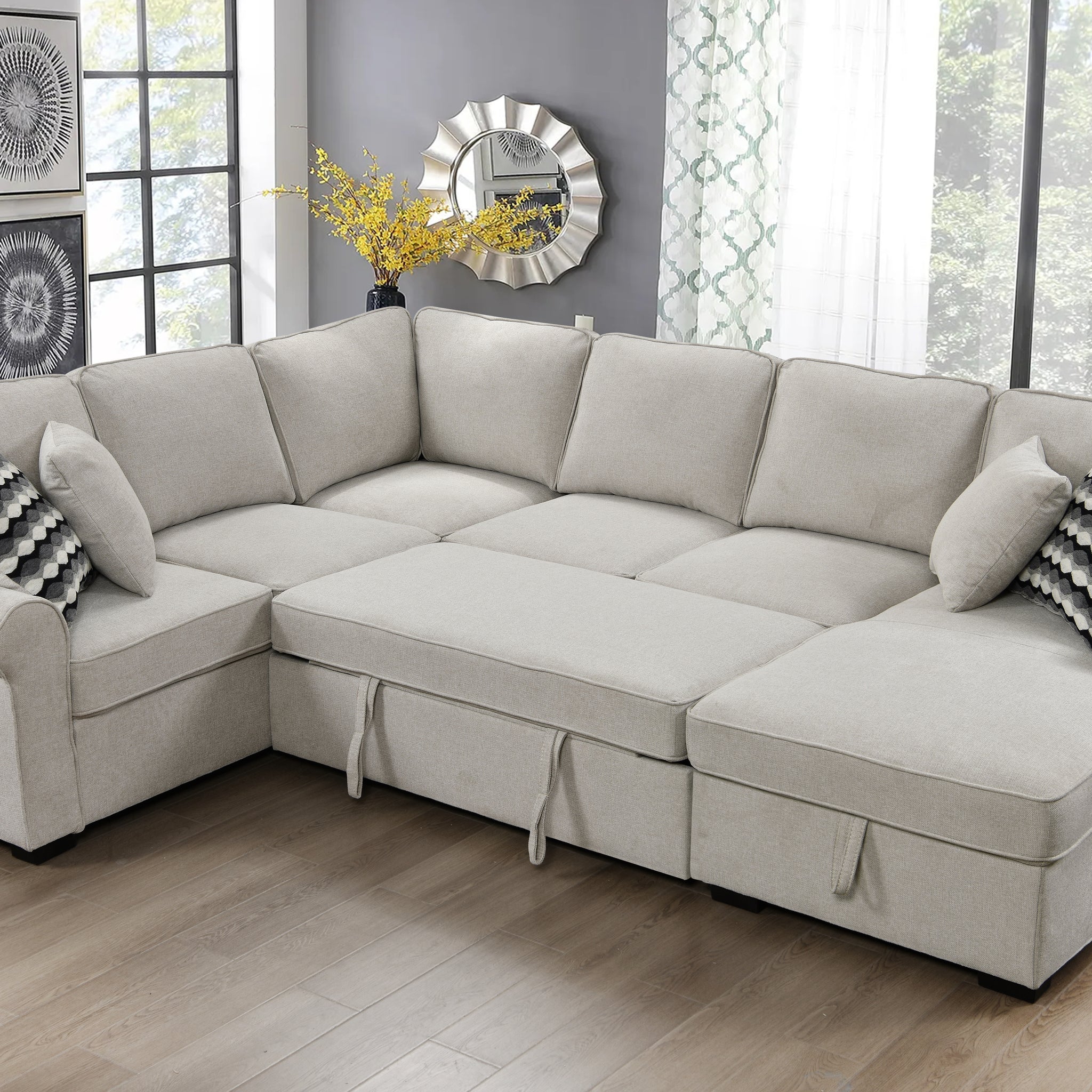 117" Oversized Sectional Sofa With Storage Chaise, Rolled Arms U Shaped Sectional Couch ,Removable Soft Backrest Cushions, With 4 Throw Pillows For Large Space Dorm Apartment,Beige Light Brown Wood Primary Living Space Heavy Duty Eucalyptus 7 Seat Beige