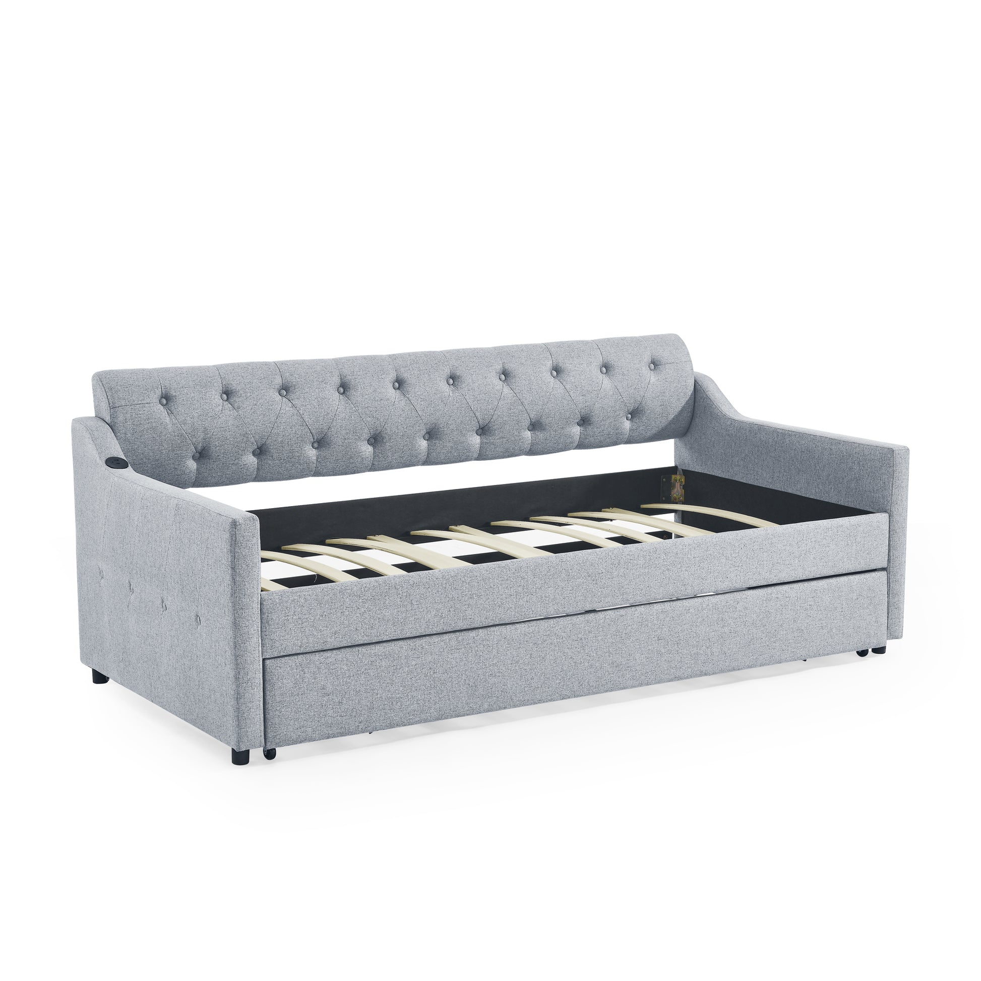 Twin Size Upholstery Daybed With Twin Size Erectable Trundle And Usb Charging Design, Linen Grey Twin Grey Linen
