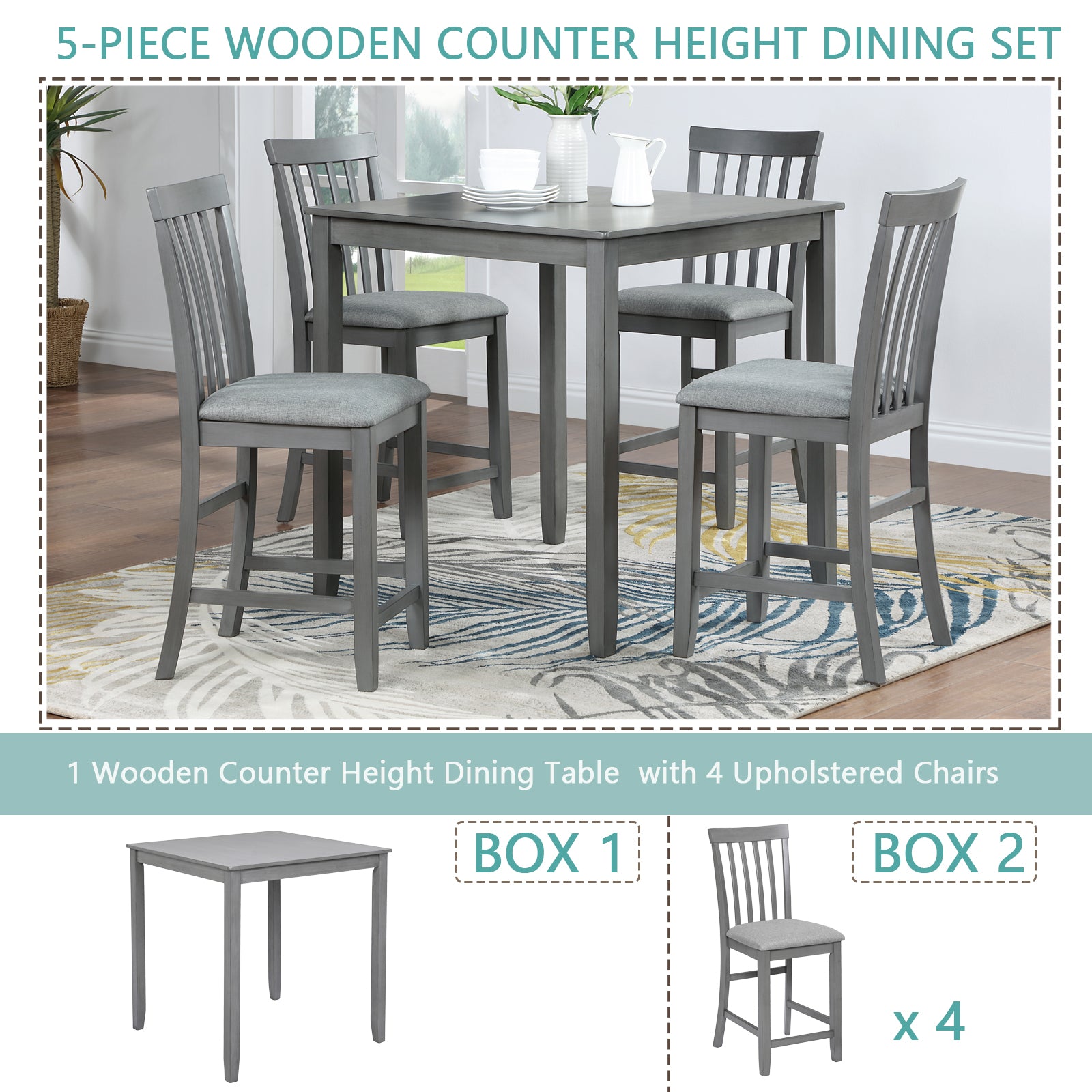 5 Piece Dining Table Set, Wooden Dining Square Table Set For 4, Counter Height Kitchen Table Set With Square Table And 4 Upholstered Chairs For Small Space, Gray Wood Gray Seats 4 Gray Wood Dining Room Acacia 4 Leg Square Dining Table With Chair Acacia