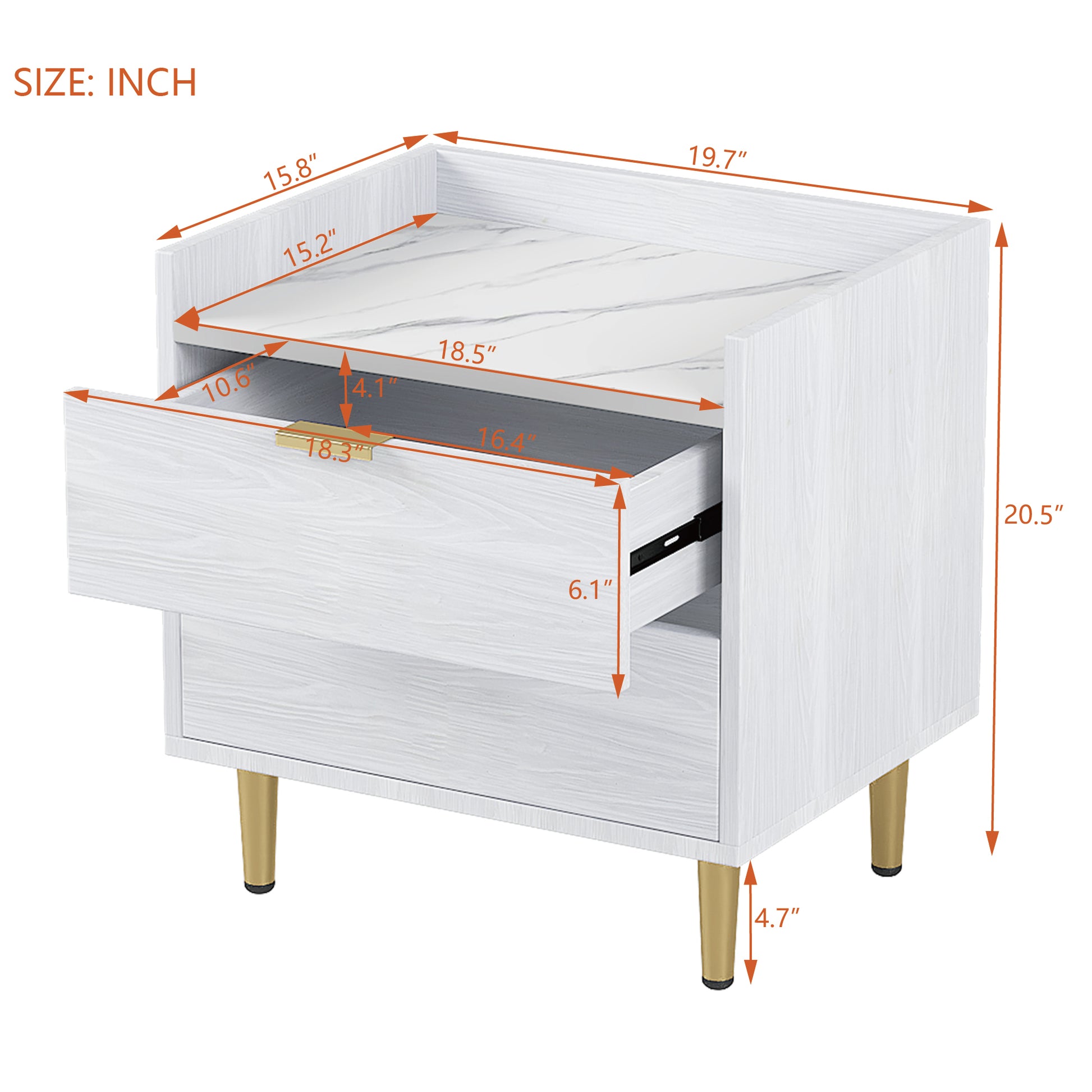 Wooden Nightstand With 2 Drawers And Marbling Worktop, Mordern Wood Bedside Table With Metal Legs&Handles,White White Mdf Metal