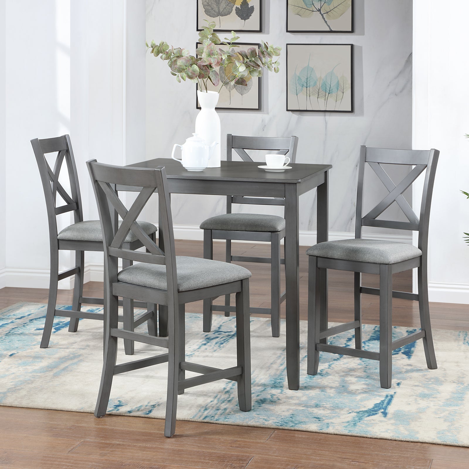 5 Piece Dining Table Set, Wooden Dining Square Table Set For 4, Counter Height Kitchen Table Set With Square Table And 4 Upholstered Chairs For Small Space, Gray Wood Gray Seats 4 Gray Wood Dining Room Acacia 4 Leg Square Dining Table With Chair Acacia