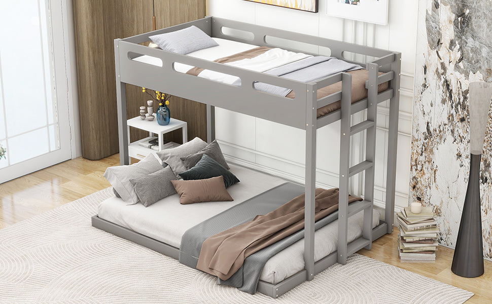 Twin Over Full Bunk Bed With Built In Ladder,Gray Gray Solid Wood Mdf