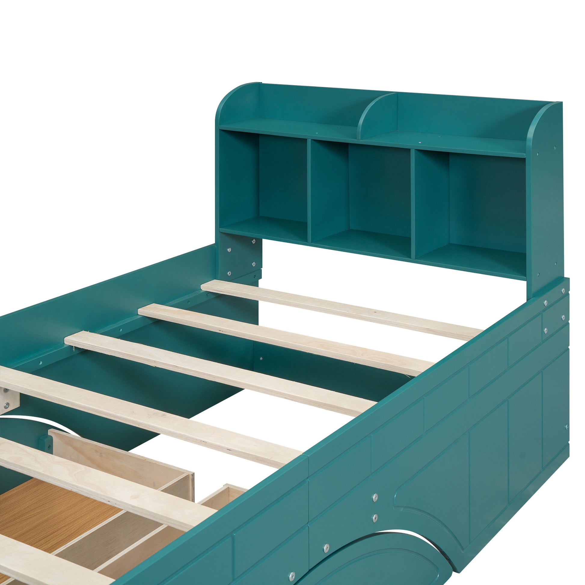 Wood Twin Size Platform Bed With 2 Drawers, Storage Headboard And Footboard, Dark Green Box Spring Not Required Twin Dark Green Bedroom Bed Frame Solid Wood Mdf