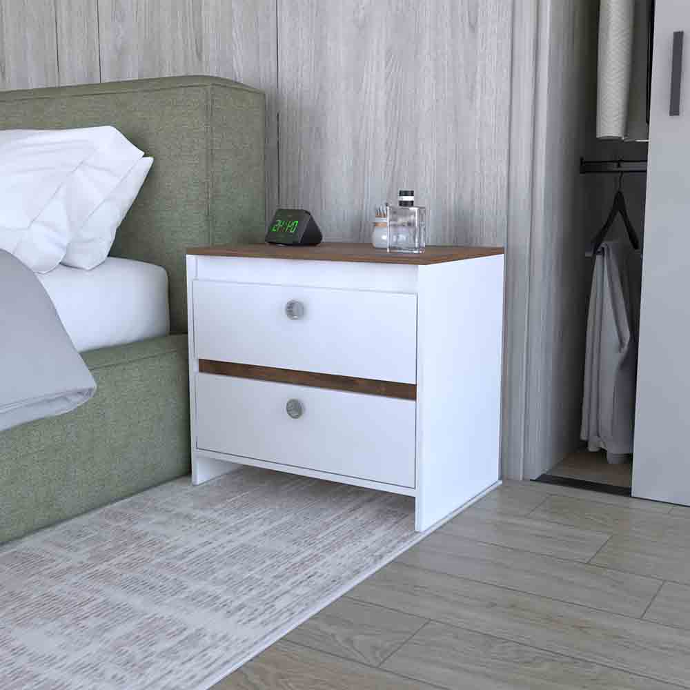 Nightstand Dreams, Two Drawers, White Dark Brown Finish Dark Brown White Particle Board