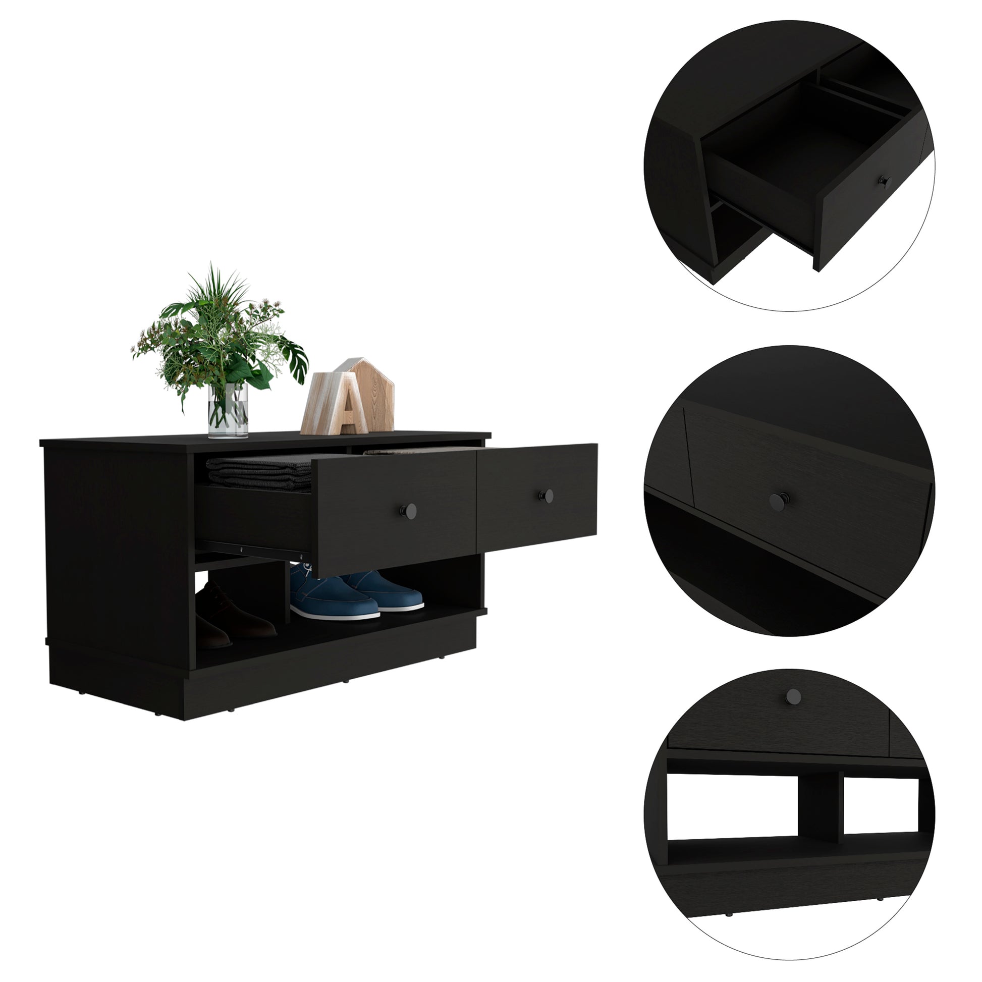 Tulip Storage Bench, Two Drawers, Two Shelves Black Mdf Engineered Wood