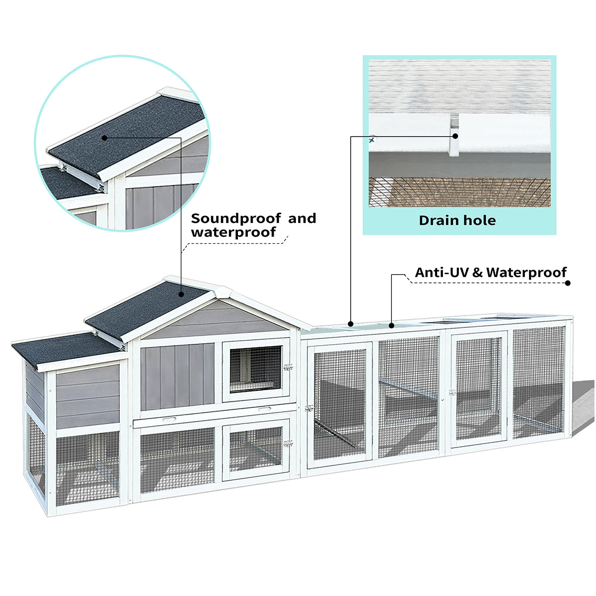 111.5" Wooden Chicken Coop, Large Hen House With Nesting Box Poultry Cage, Rabbit Hutch Bunny Cagewaterproof Uv Panel For Backyard Grey Wood