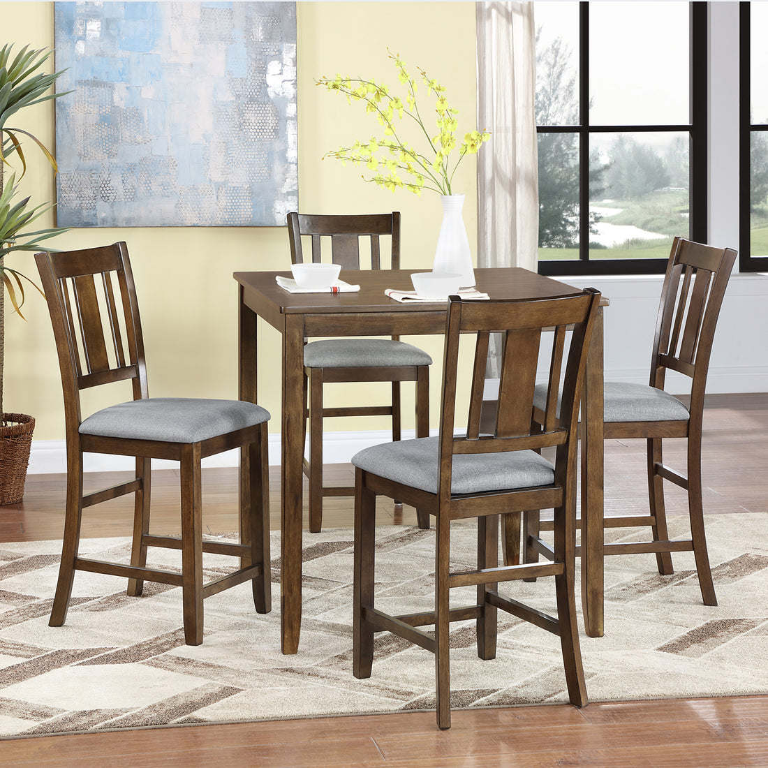 5 Piece Dining Table Set, Wooden Dining Square Table Set For 4, Counter Height Kitchen Table Set With Square Table And 4 Upholstered Chairs For Small Space, Walnut Wood Walnut Seats 4 Gray Wood Dining Room Acacia 4 Leg Square Dining Table With Chair