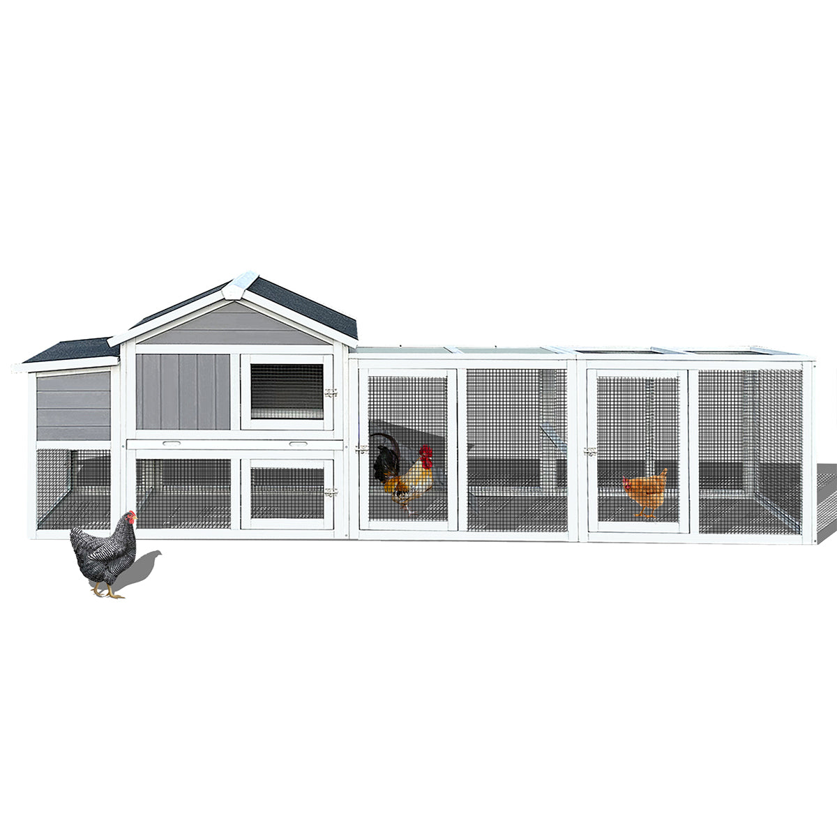 111.5" Wooden Chicken Coop, Large Hen House With Nesting Box Poultry Cage, Rabbit Hutch Bunny Cagewaterproof Uv Panel For Backyard Grey Wood