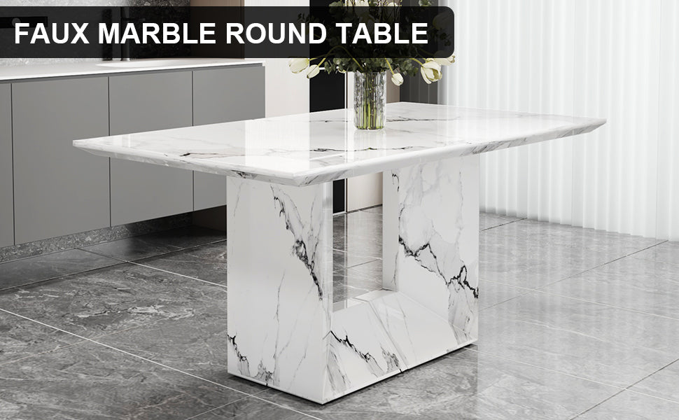 A Simple Dining Table. A Dining Table With A White Marble Pattern. 6 Pu Synthetic Leather High Backrest Cushioned Side Chairs With C Shaped Silver Metal Legs. Dt Sq 16090 Whc 1162 White Mdf