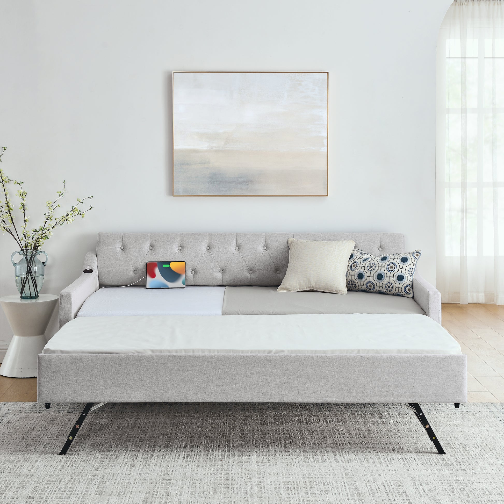Twin Size Upholstery Daybed With Twin Size Erectable Trundle And Usb Charging Design, Linen Beige Twin Beige Linen