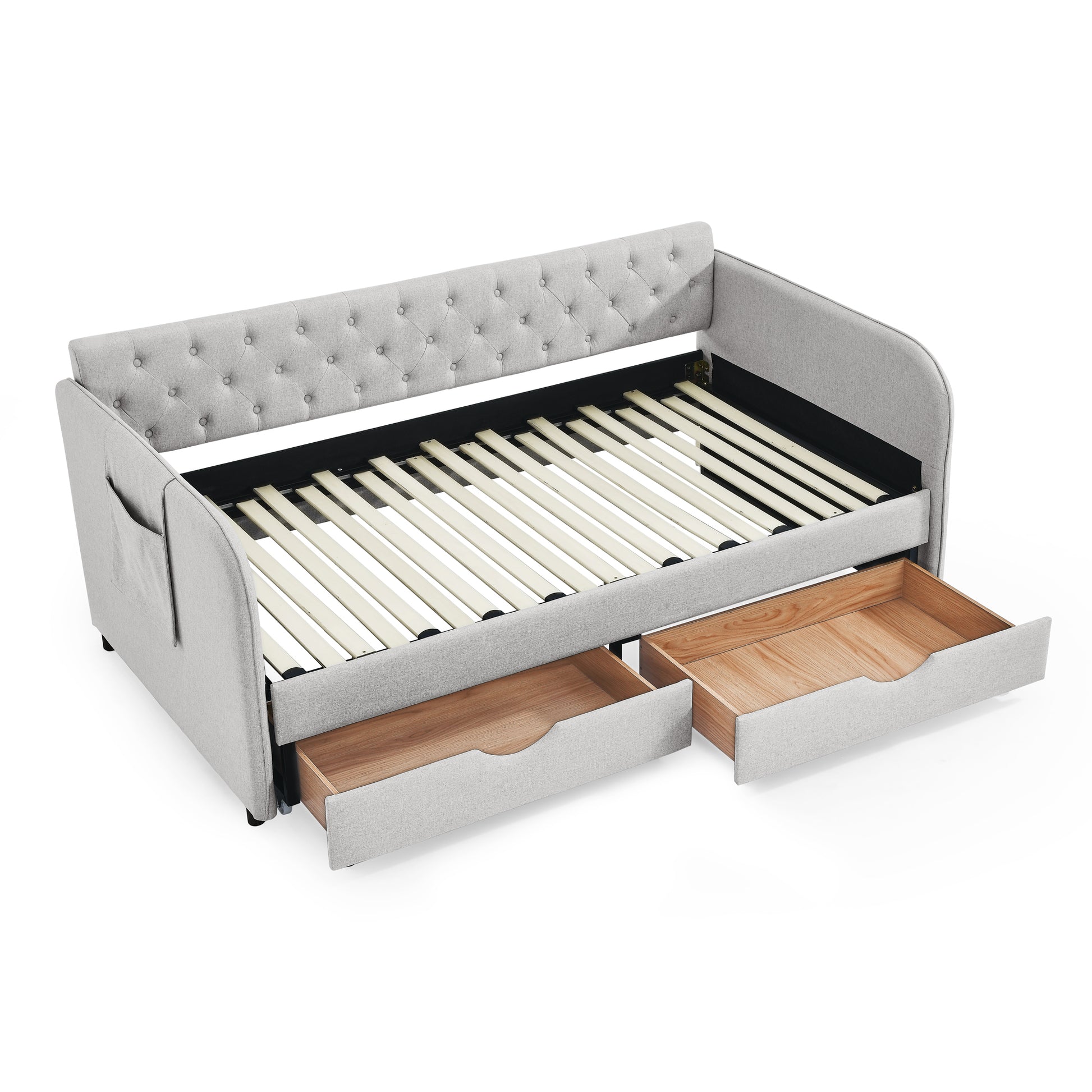 Twin Size Upholstery Daybed With Trundle Bed And Two Storage Drawersflat Arms With Pocket, Extendable Daybed For Bedroom Living Room,Linen Beige Beige Linen