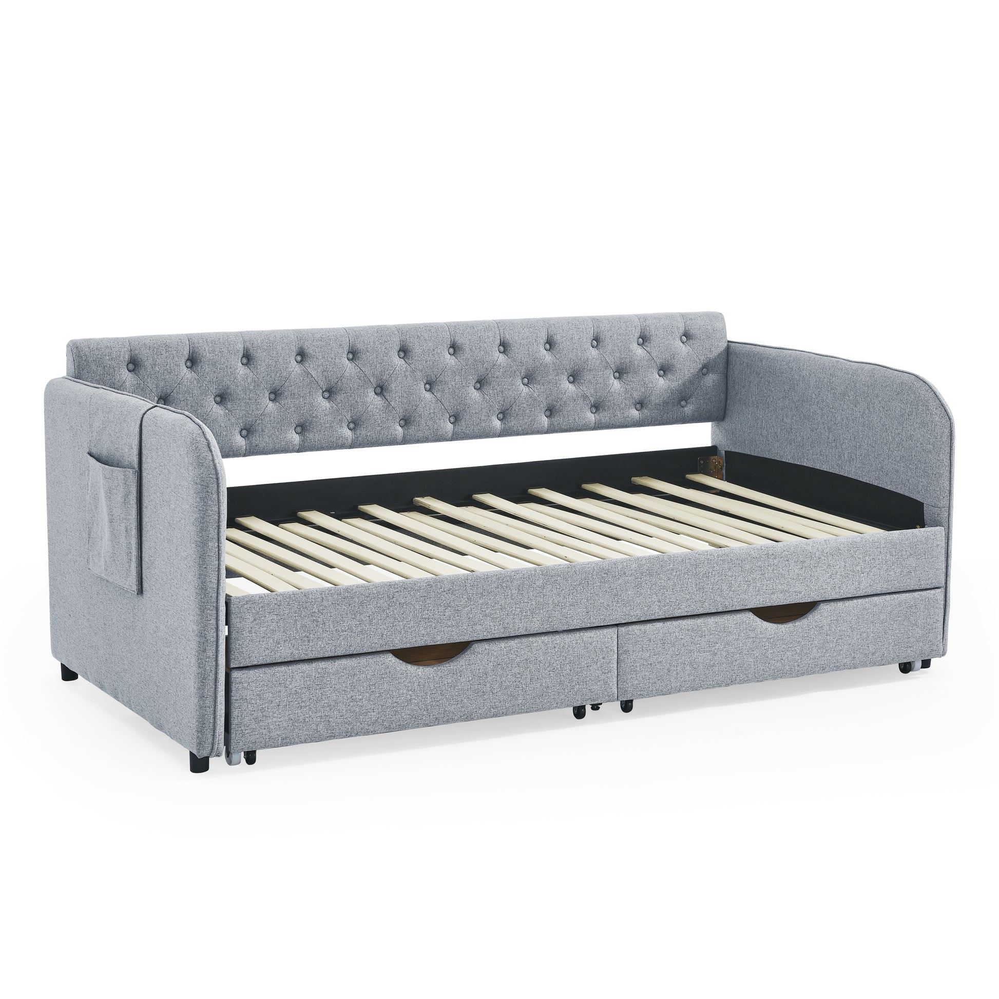 Twin Size Upholstery Daybed With Trundle Bed And Two Storage Drawersflat Arms With Pocket, Extendable Daybed For Bedroom Living Room,Linen Grey Grey Linen